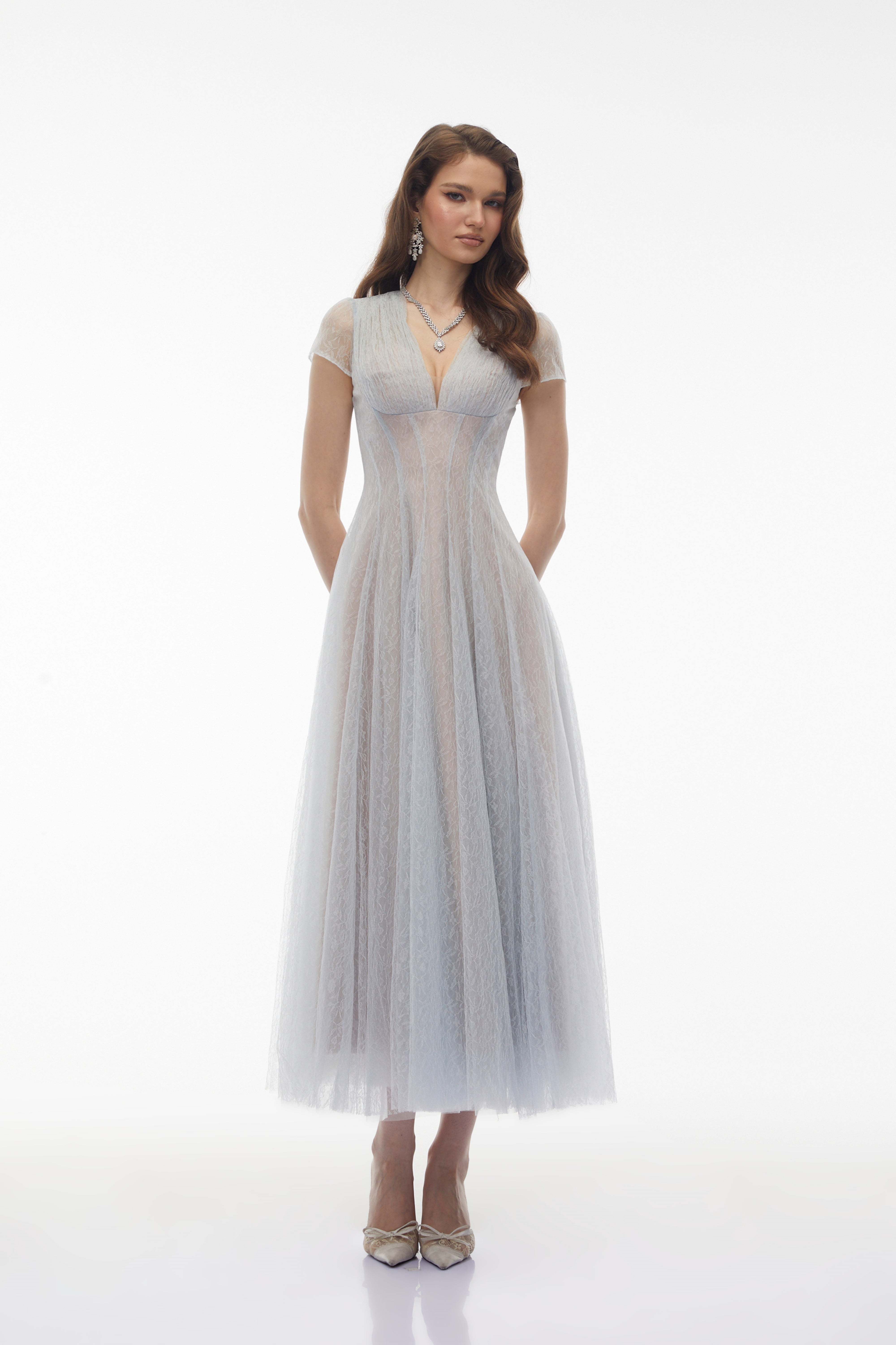 Radiya Blue Floral Lace Pleated Maxi Dress