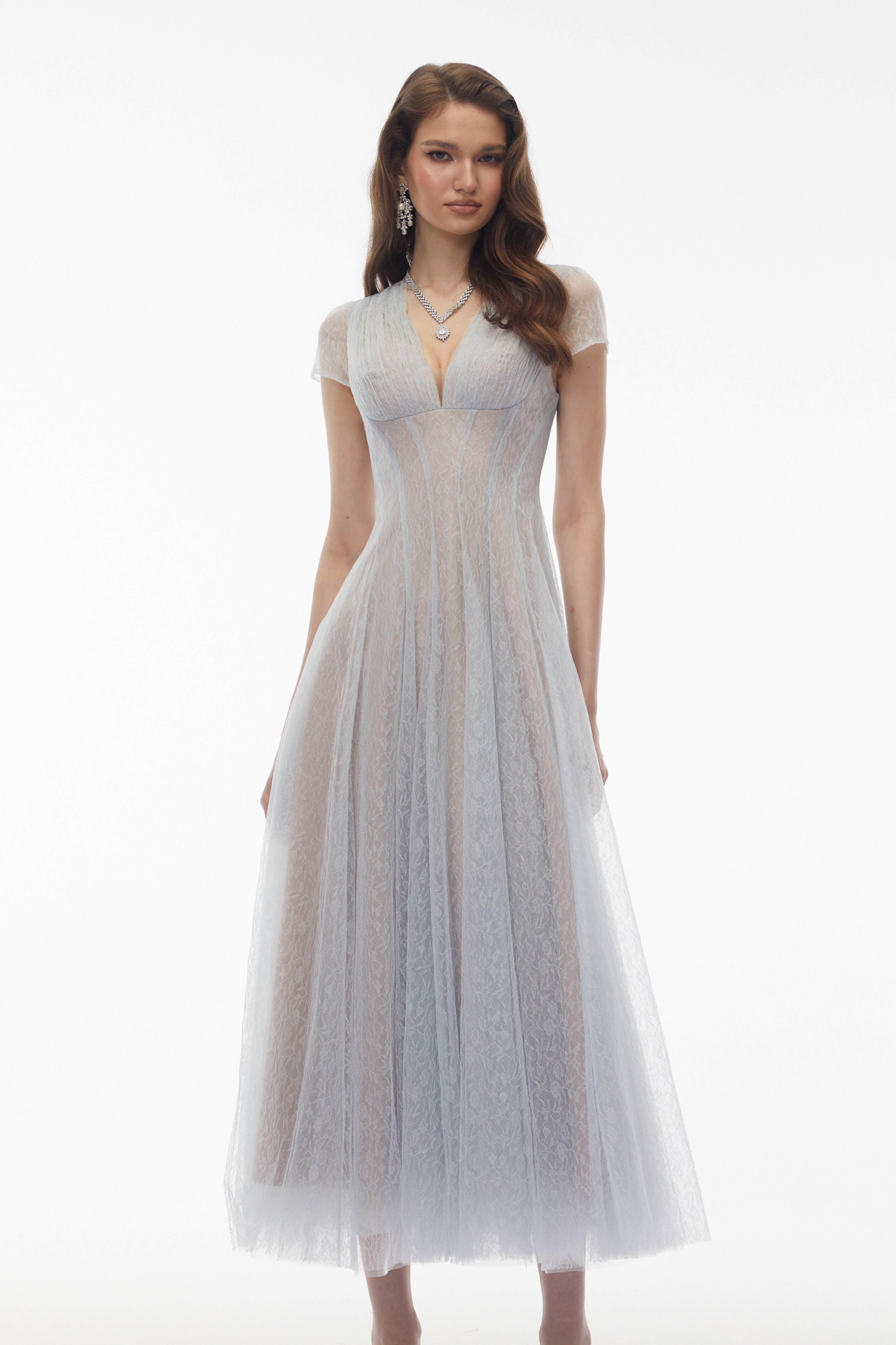 Radiya Blue Floral Lace Pleated Maxi Dress