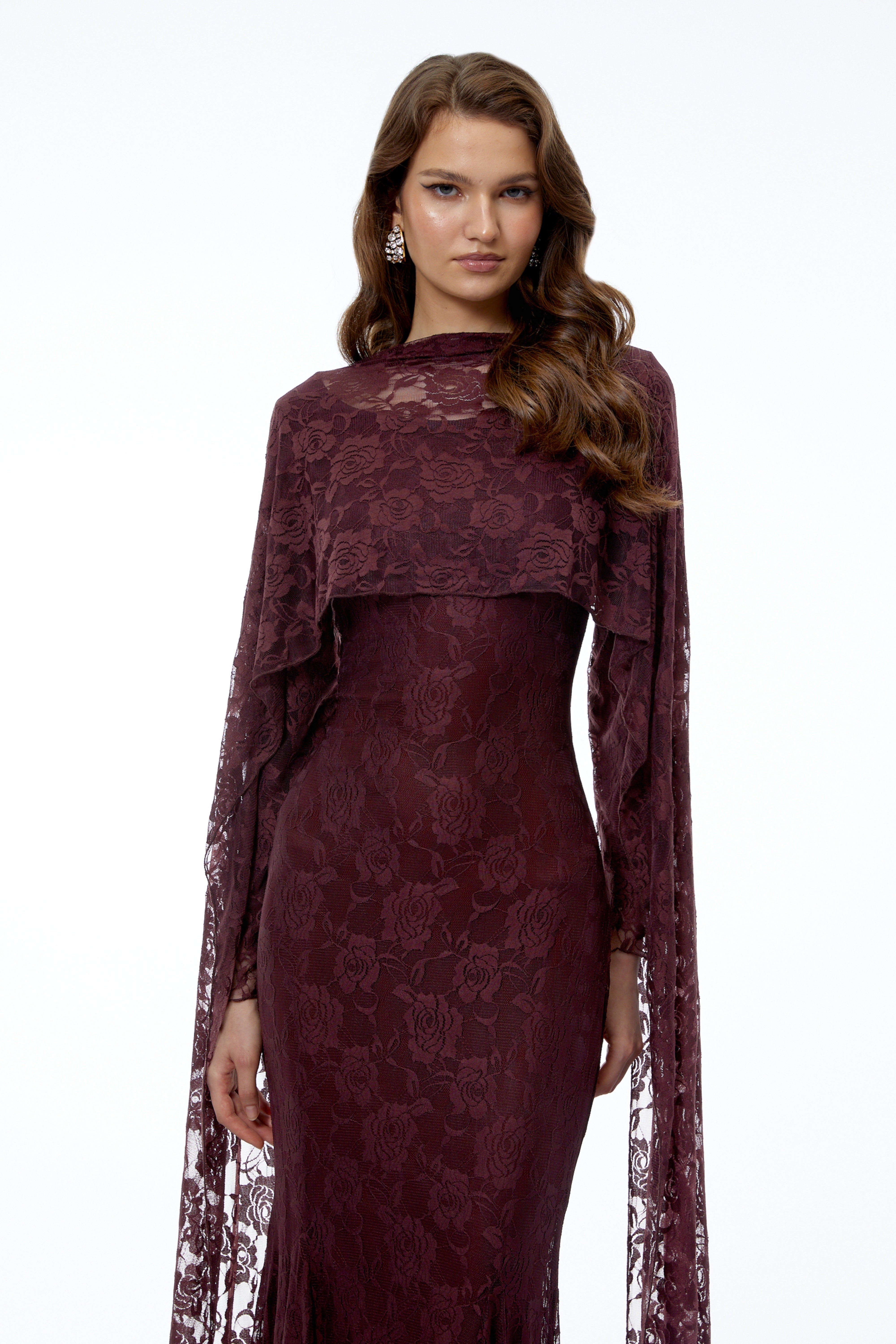 Rafaela Reddish Brown Floral Maxi Dress with Cape