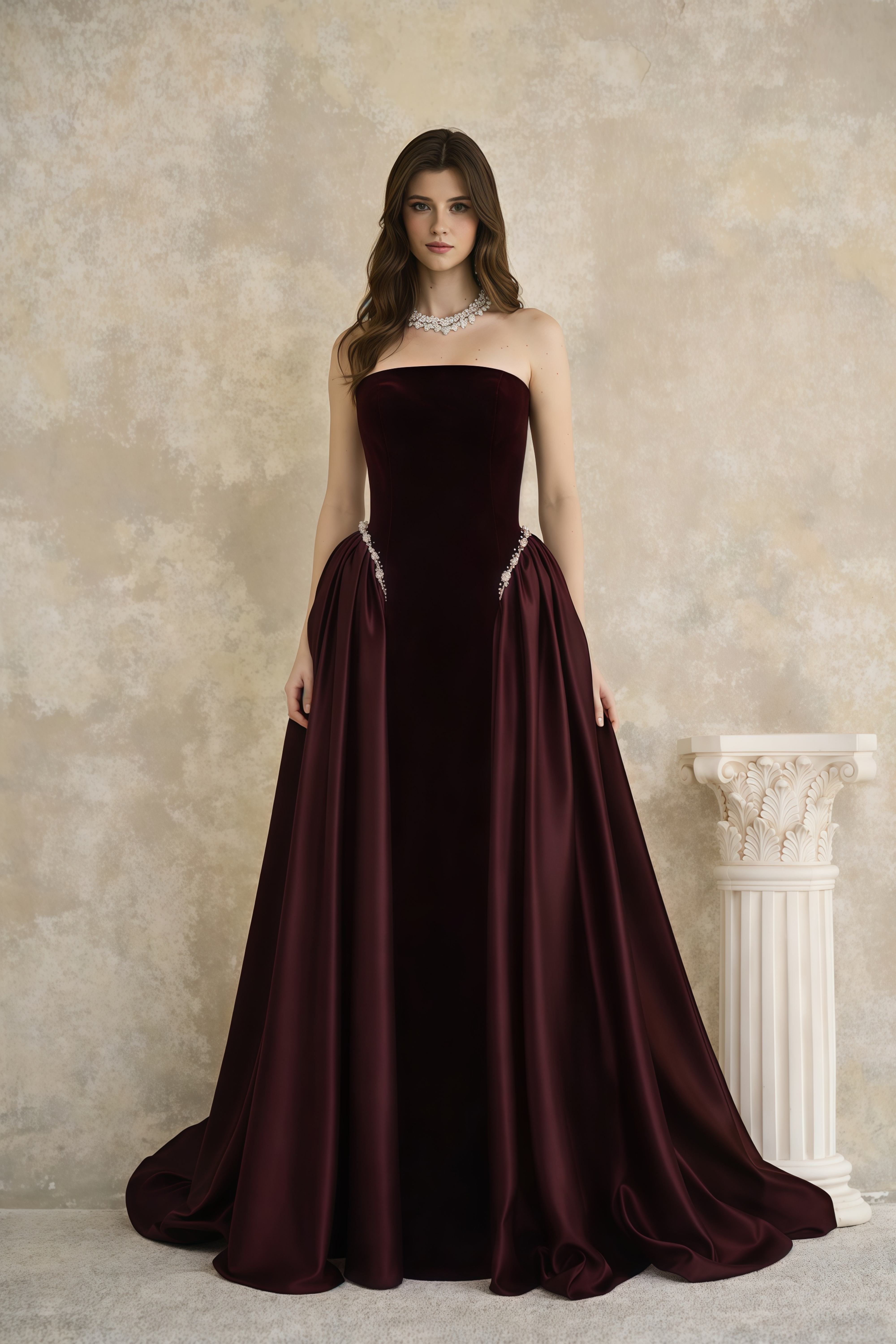 Raffaella Burgundy Pearl Trim Maxi Gown