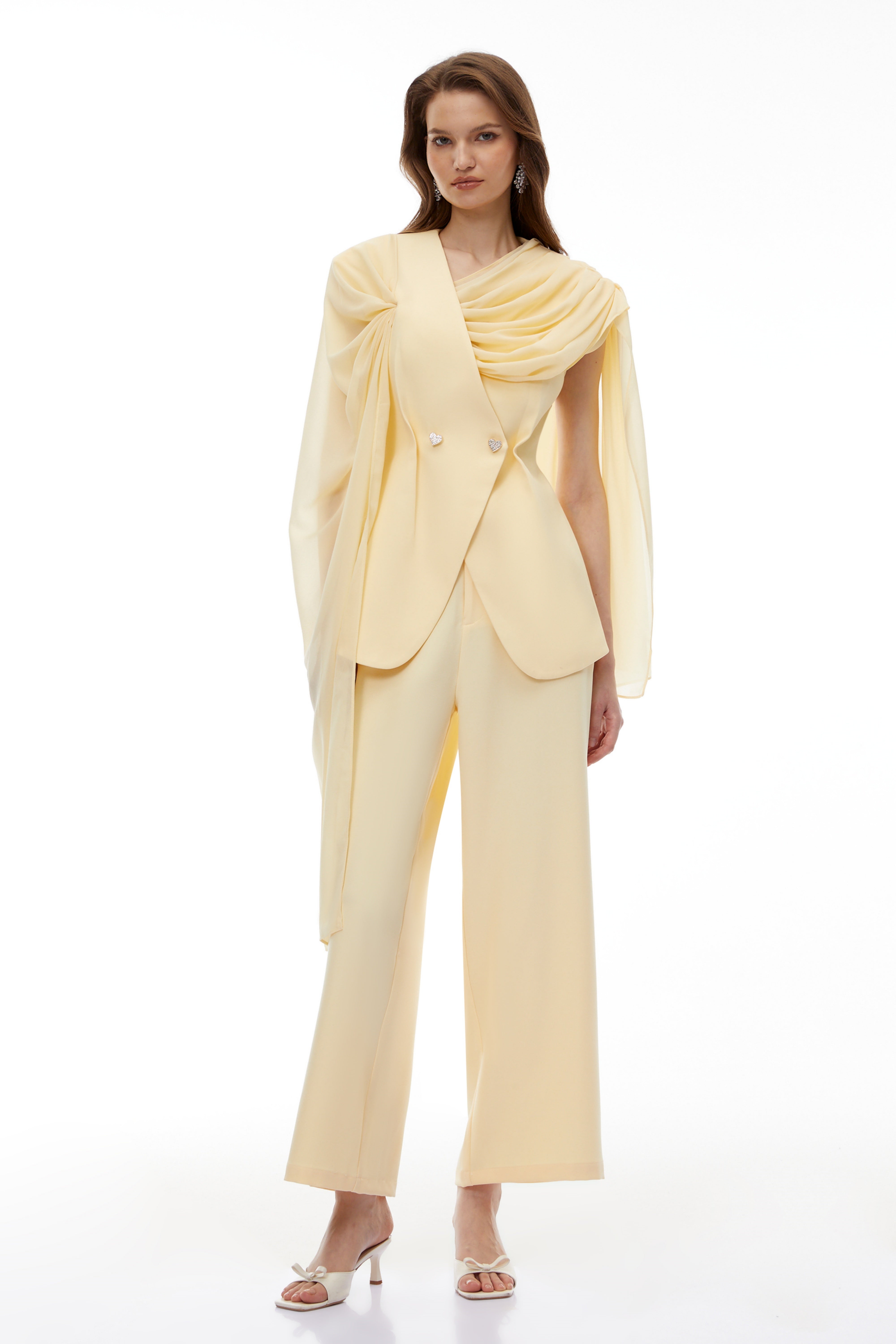 Gelbes Peplum-Oberteil mit drapiertem Ausschnitt & Kokonhose