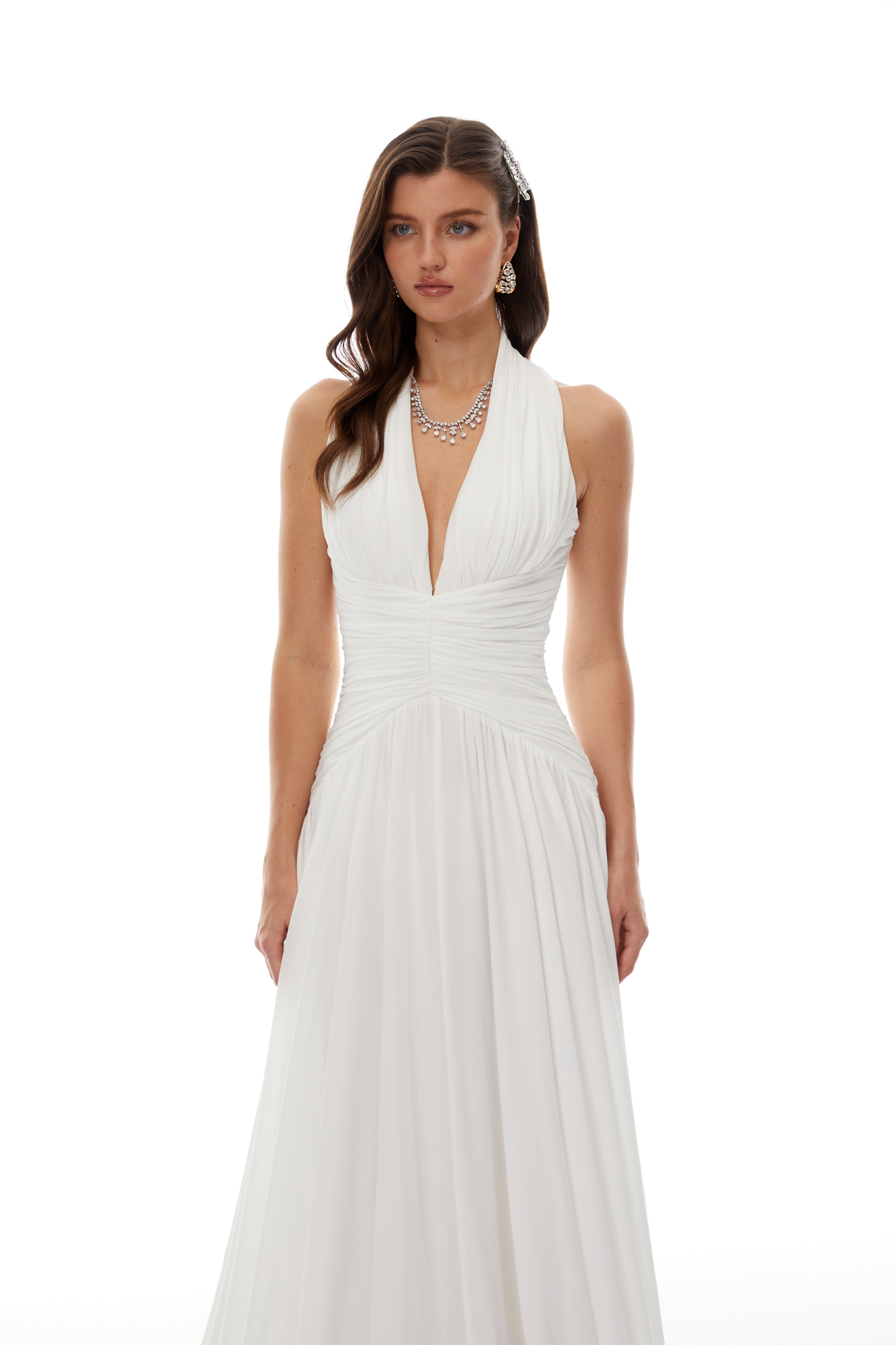 Ramona White Feather Hem Gathered Maxi Dress