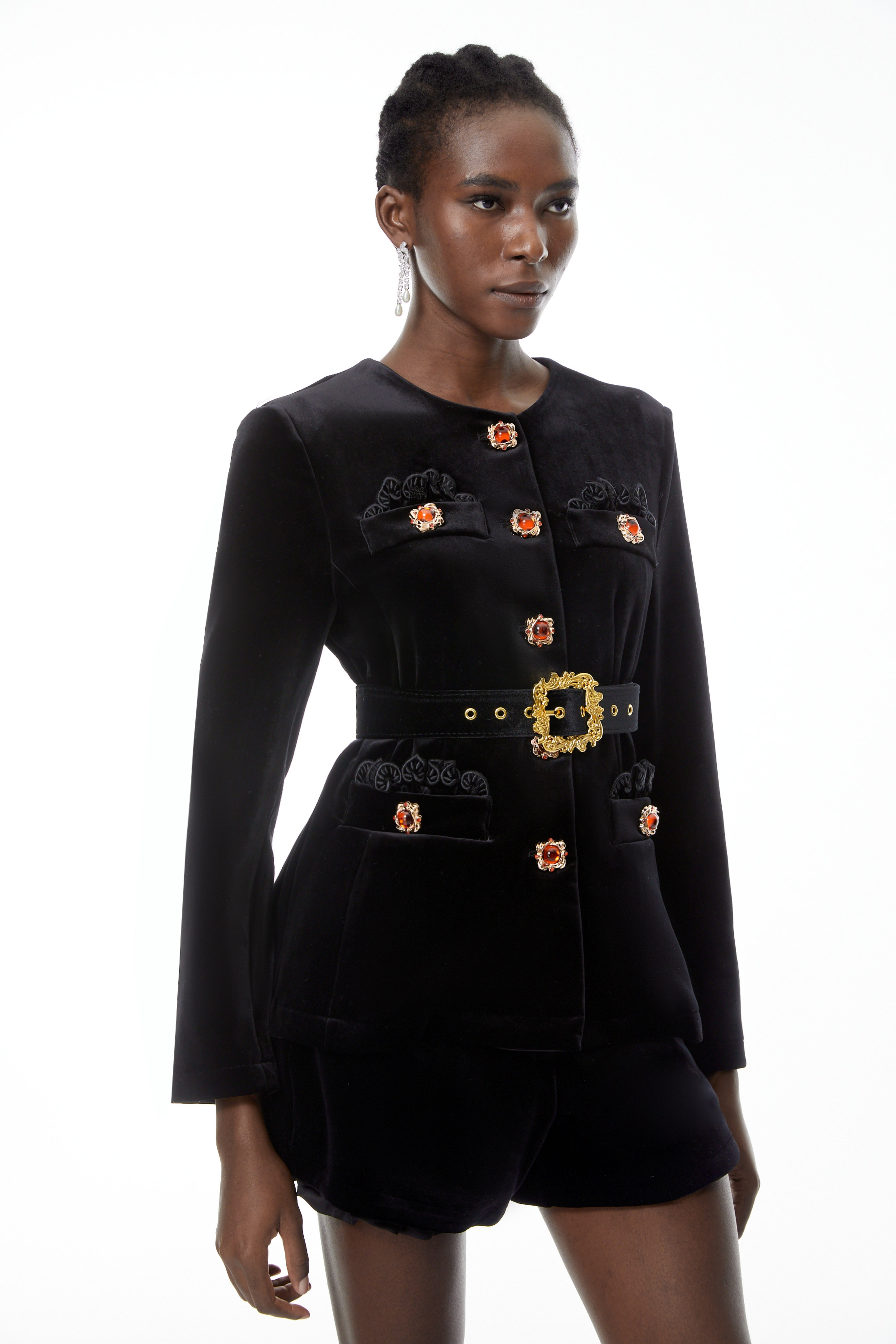 Reese Black Embellished Velvet Blazer & Shorts Set