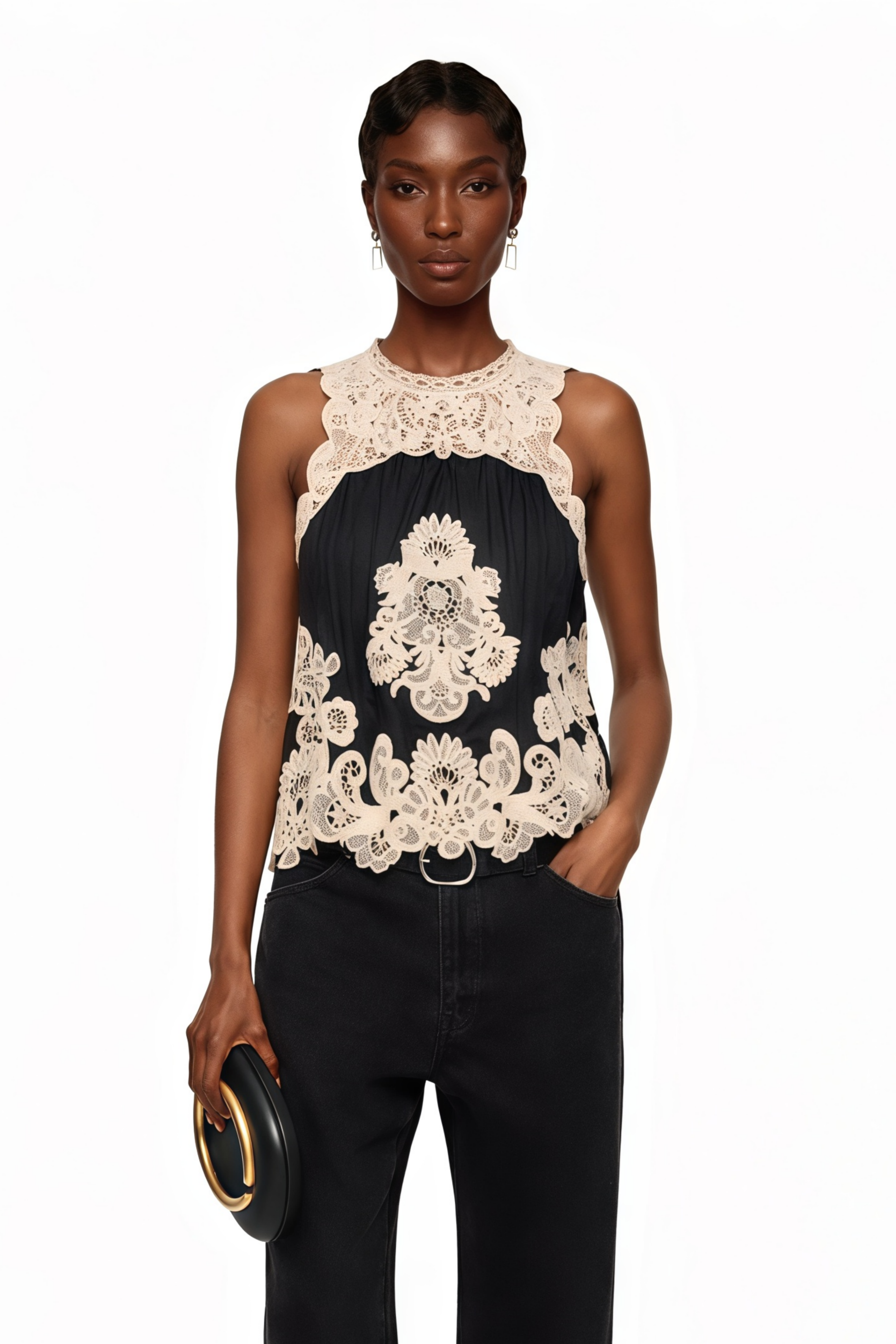 Renata Black Sleeveless Lace Panel Top