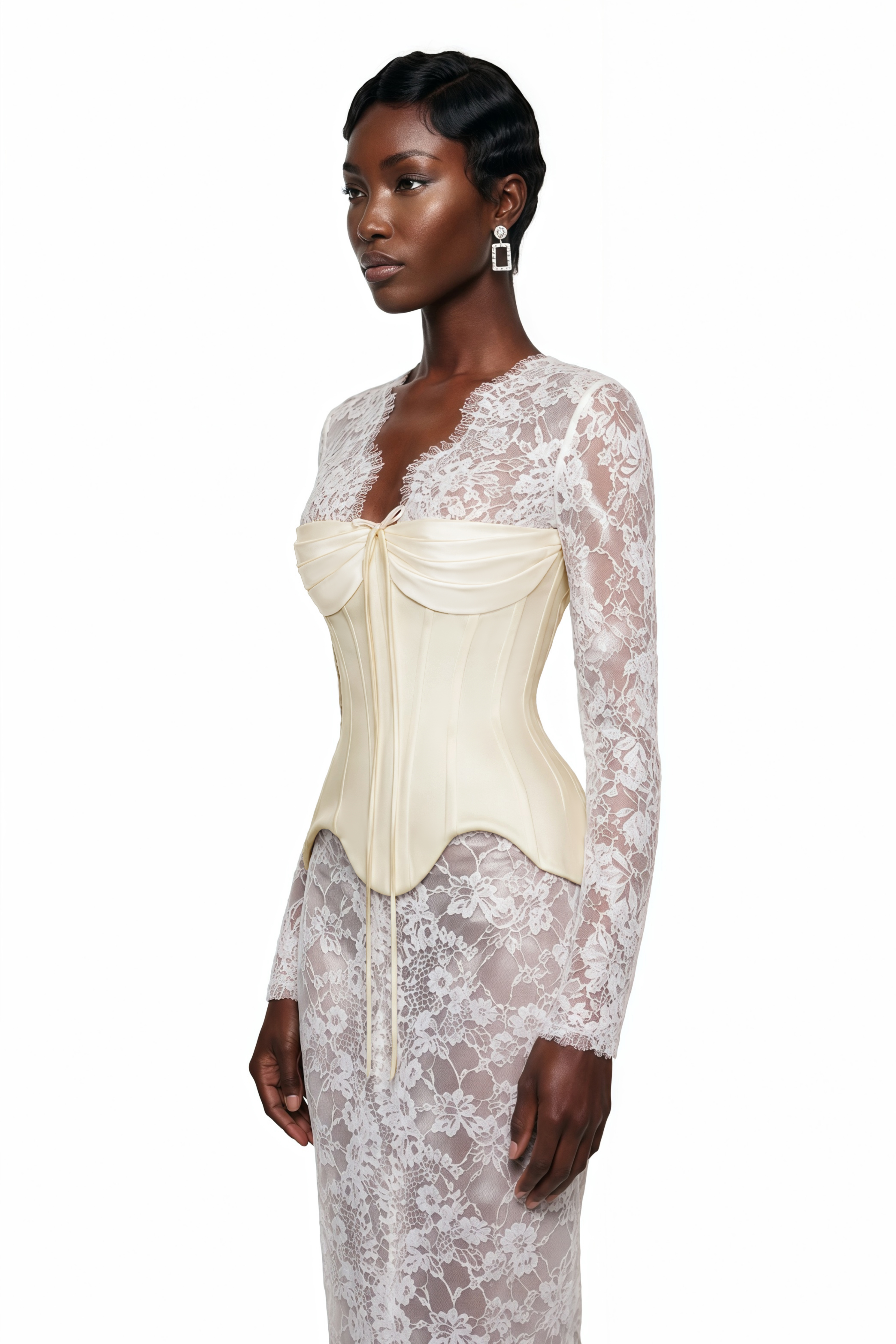 Renata White Ruched Top & Semi Sheer Lace Maxi Dress Set