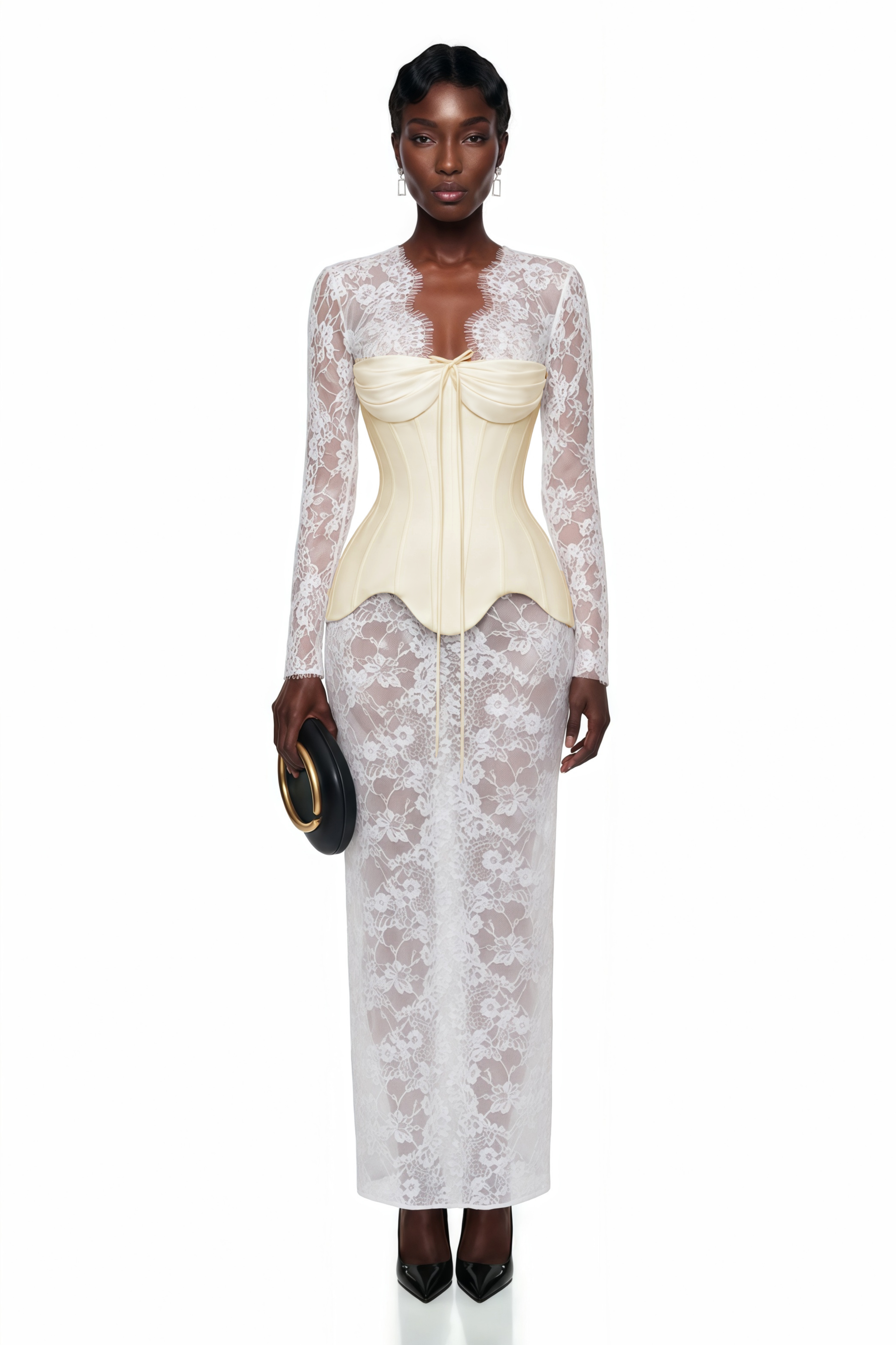 Renata White Ruched Top & Semi Sheer Lace Maxi Dress Set