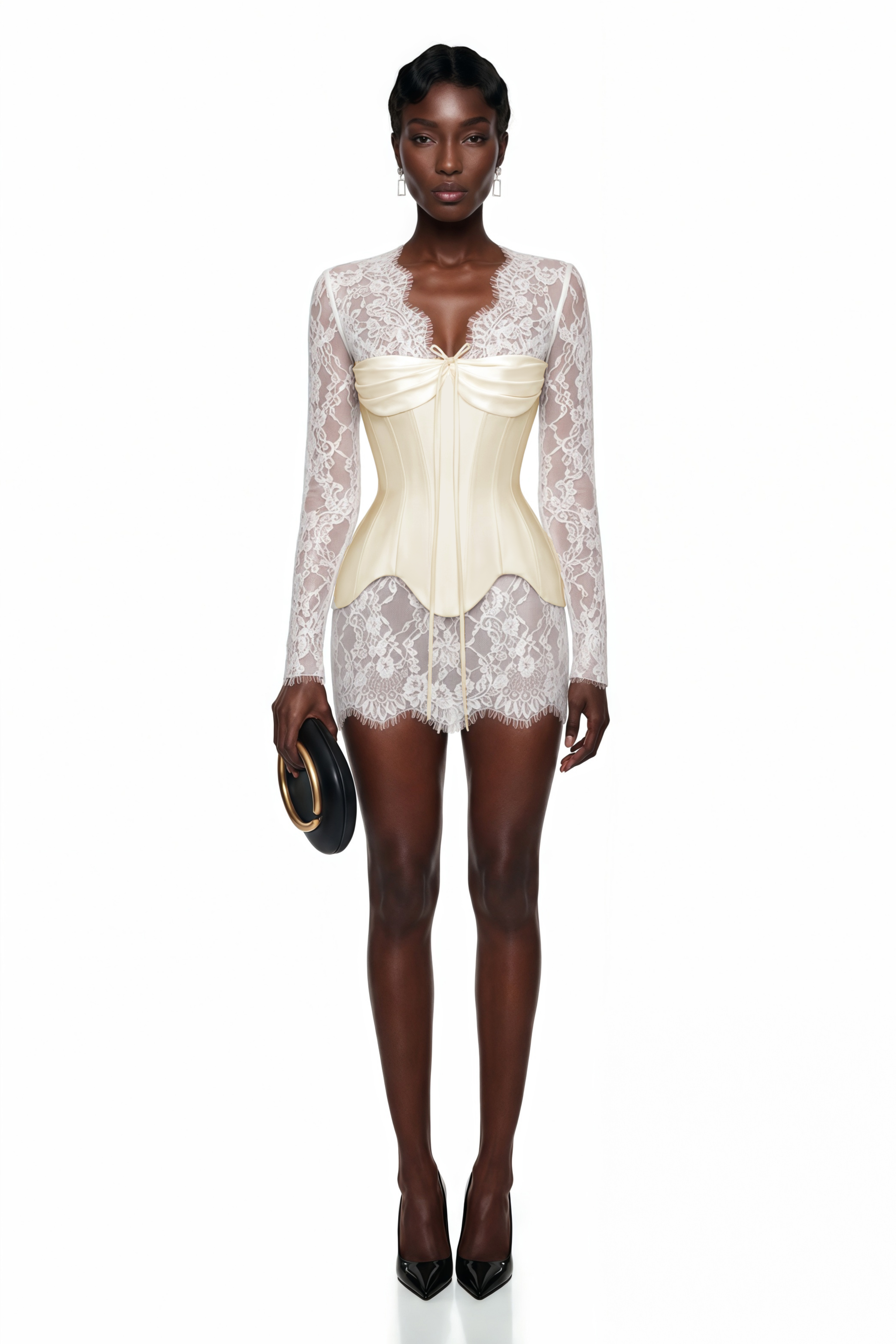 Renata White Ruched Top & Semi Sheer Lace Mini Dress Set