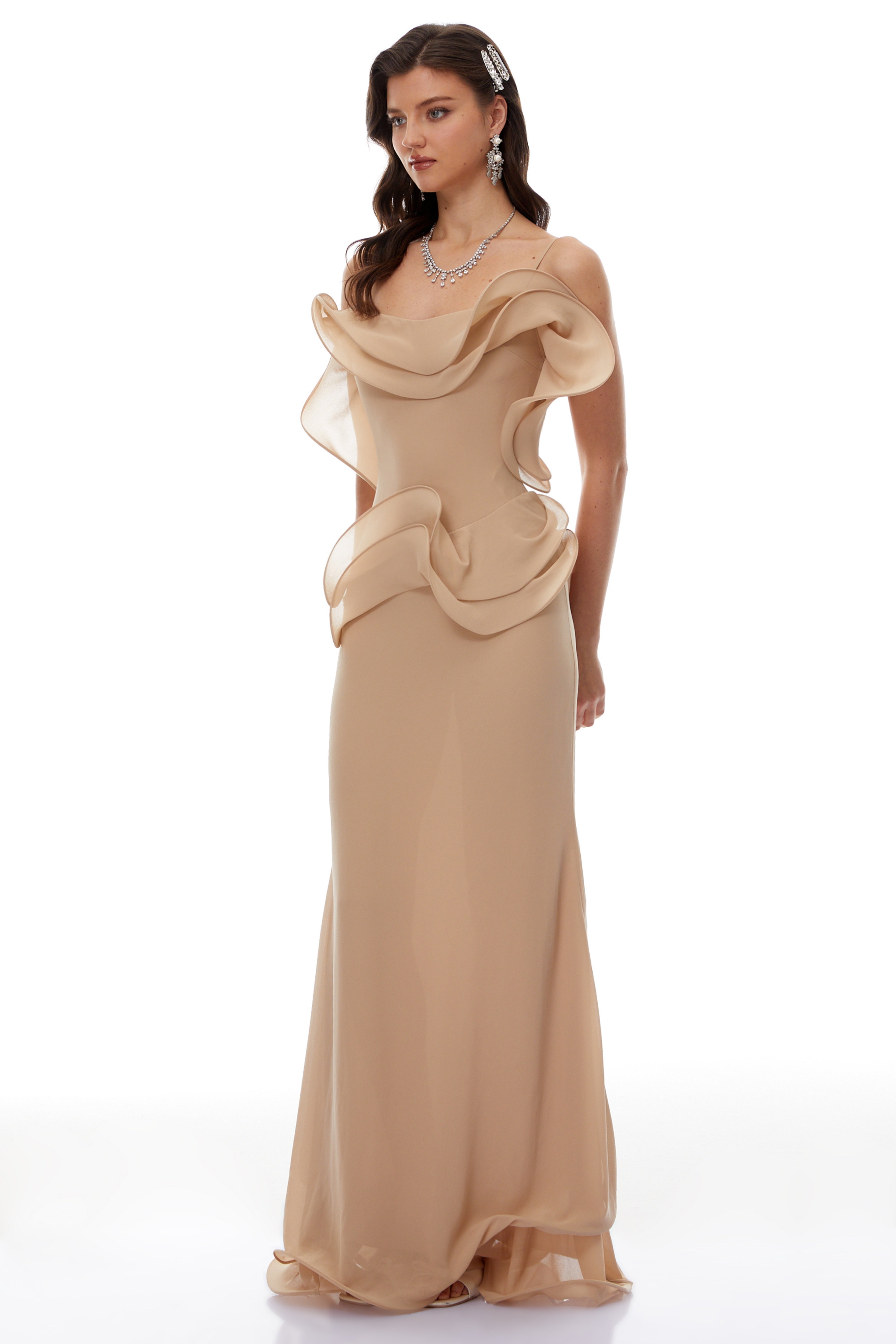 Retha Neutral Ruffled Corset Maxi Dress