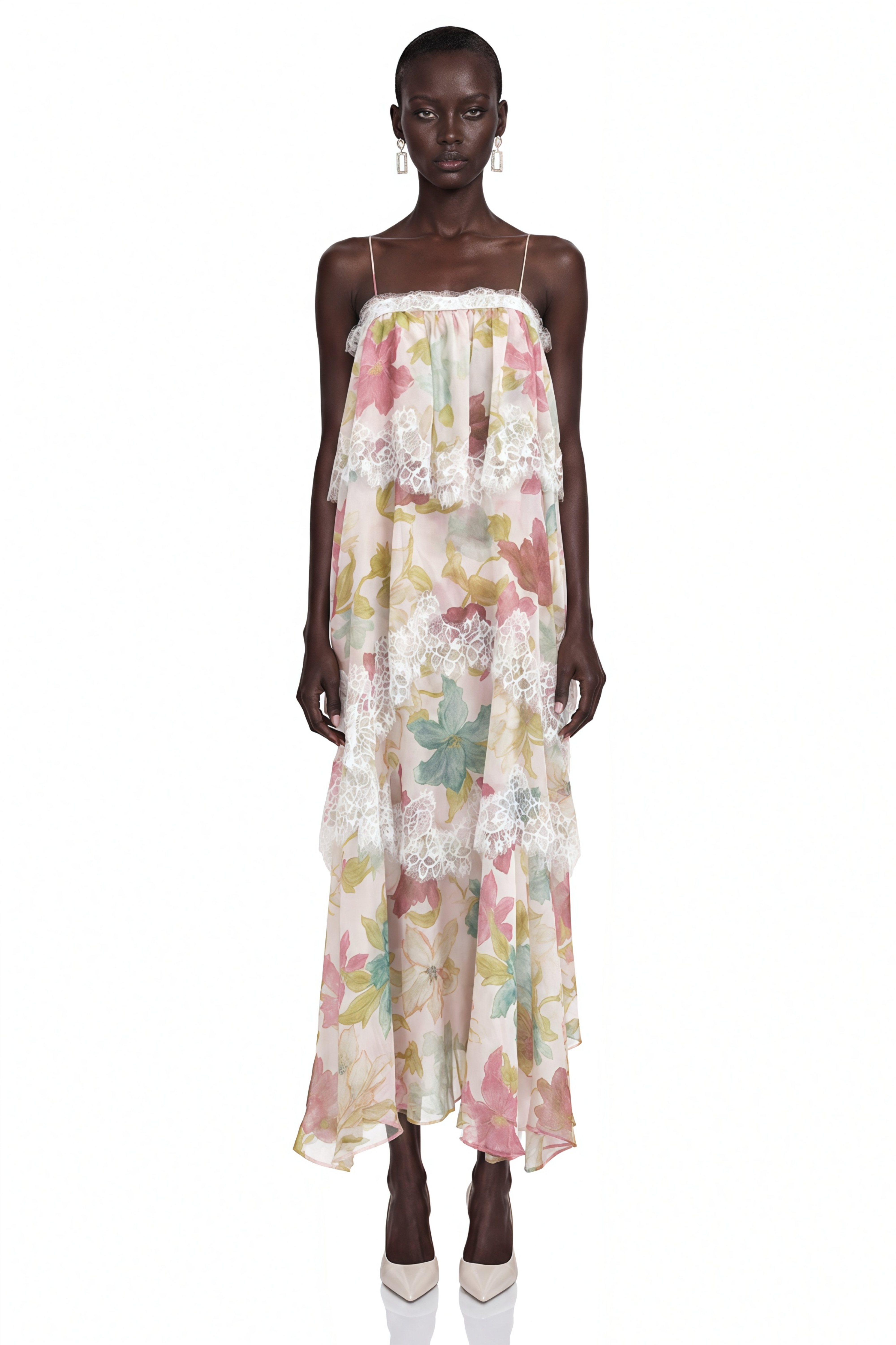 Rhema Pink Floral Tiered Maxi Dress with Lace Trim