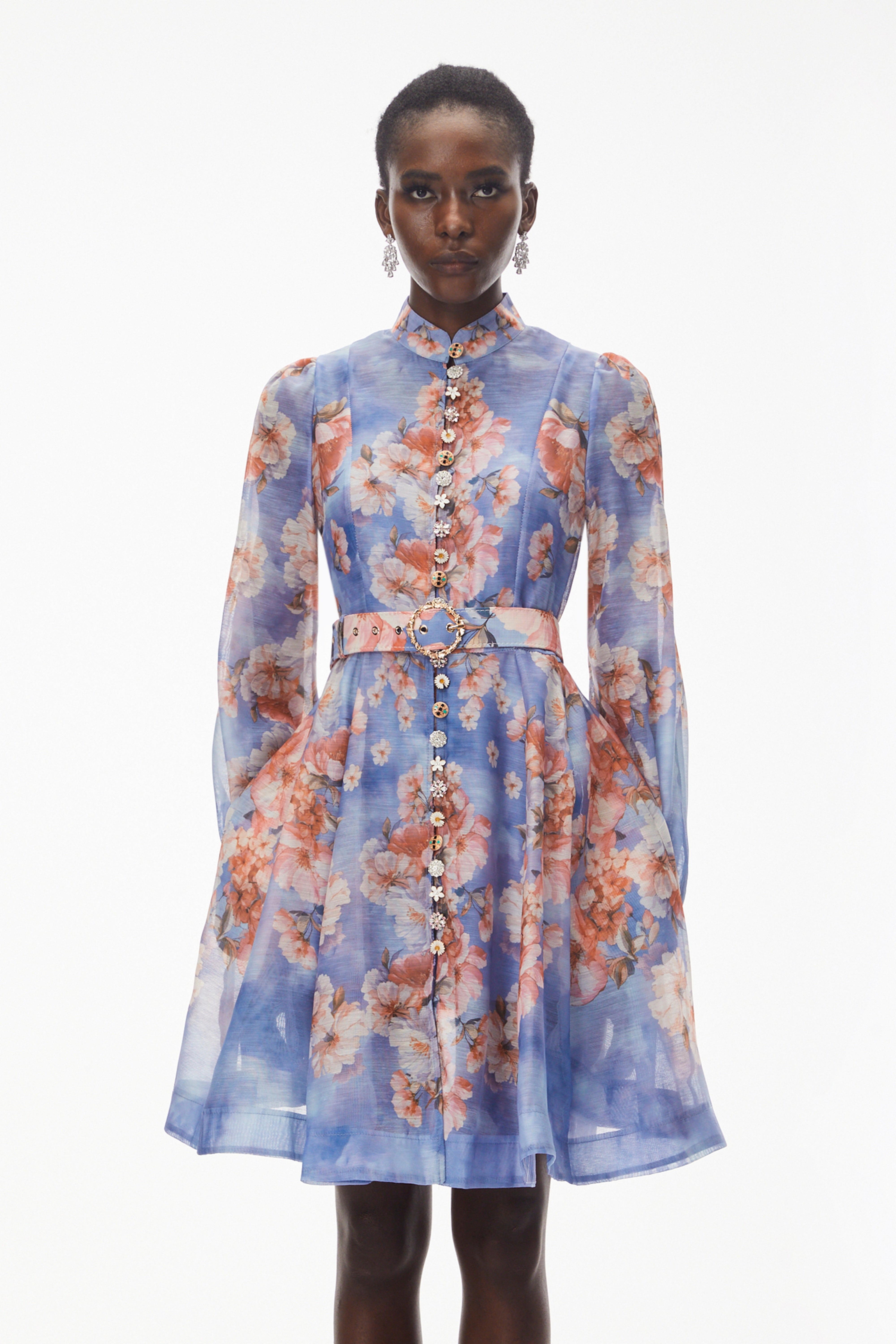 Rhode Dusty Blue Floral Print Mini Dress with Belt