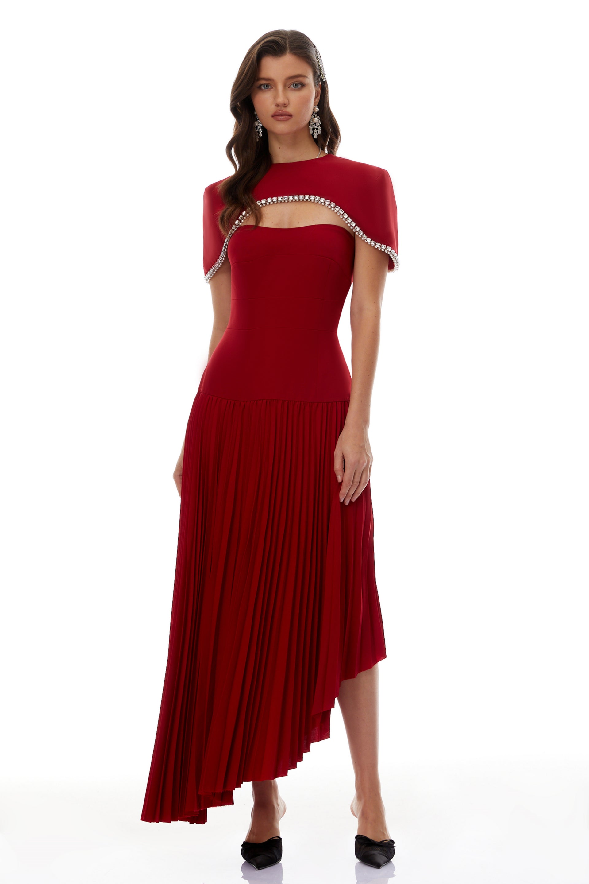 Roberta Red Pleated Dress & Cape Set, XL / Red