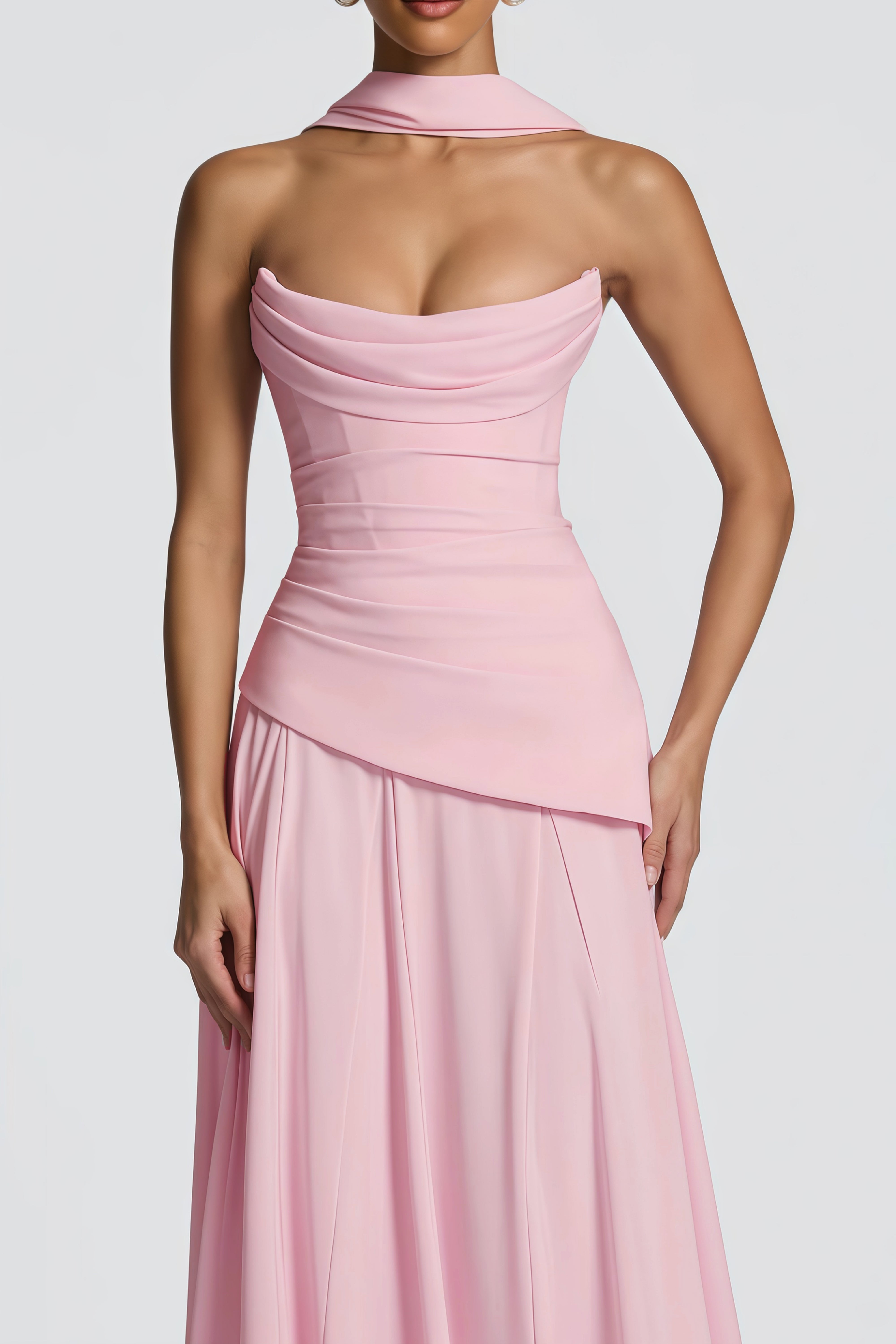 Pink strapless maxi dress with a draped cowl neckline and a matching long neck scarf