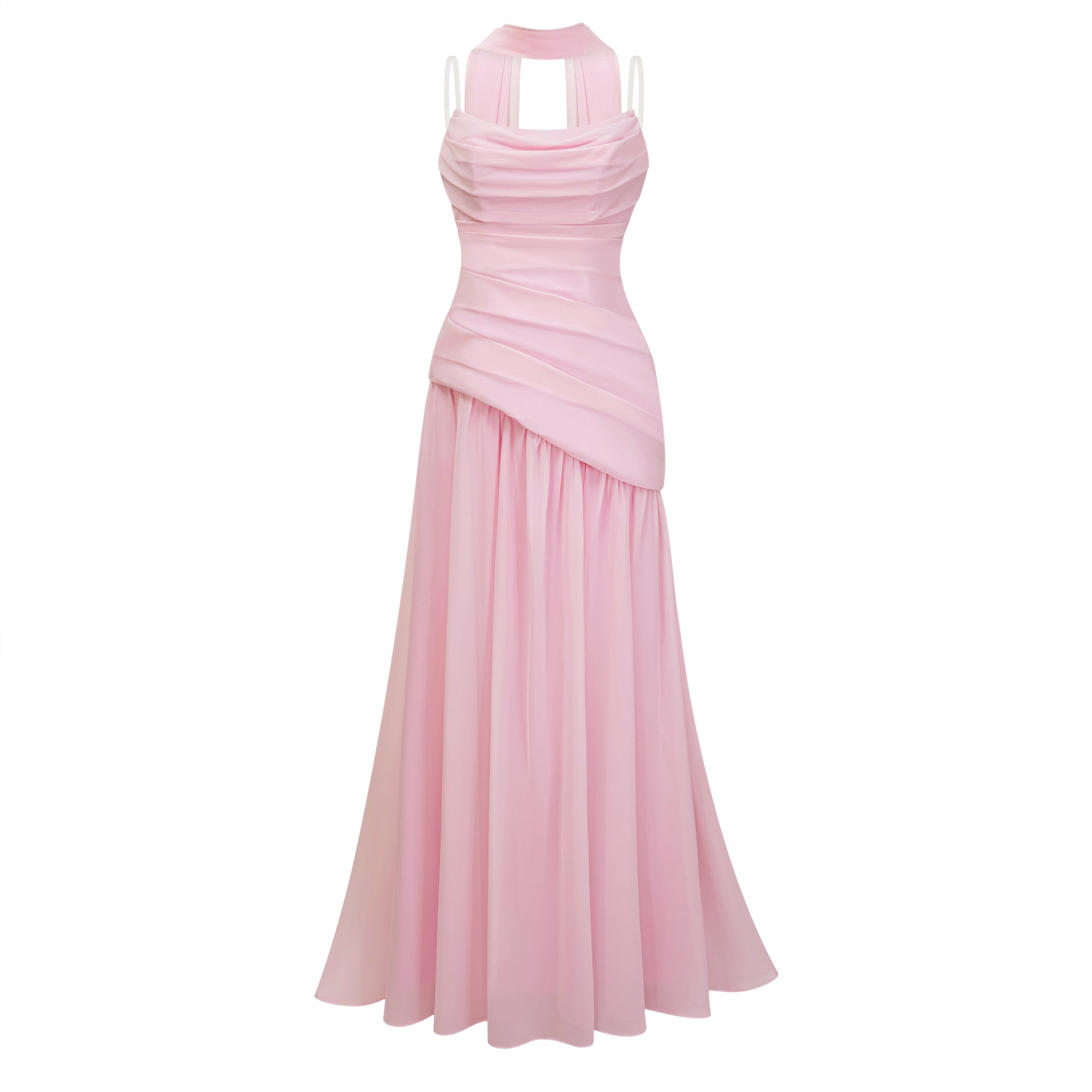 Robe longue rose sans bretelles, avec un décolleté drapé en col bénitier et une longue écharpe assortie