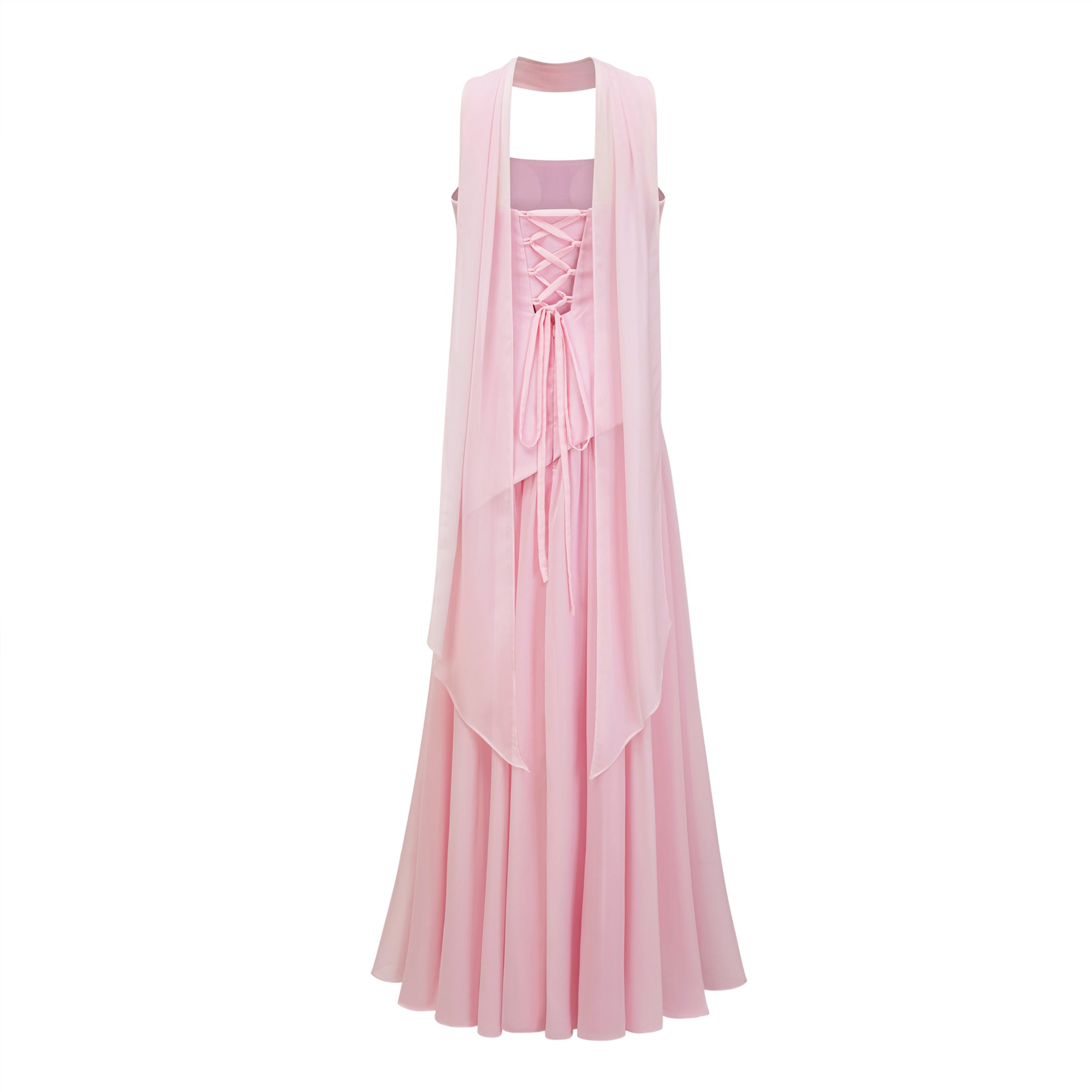 Robe longue rose sans bretelles, avec un décolleté drapé en col bénitier et une longue écharpe assortie