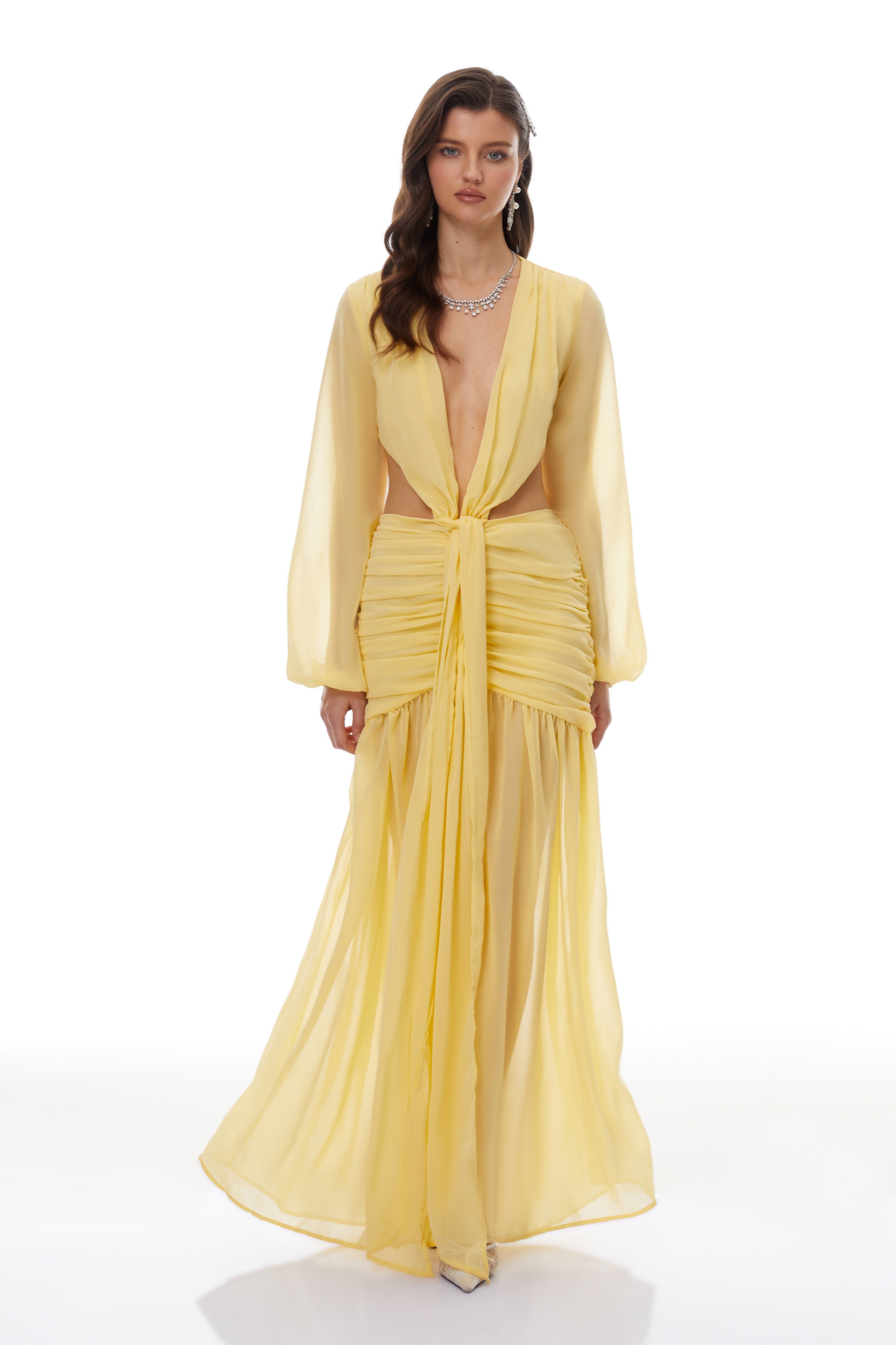 Romilly Yellow Twisted Chiffon Maxi Dress