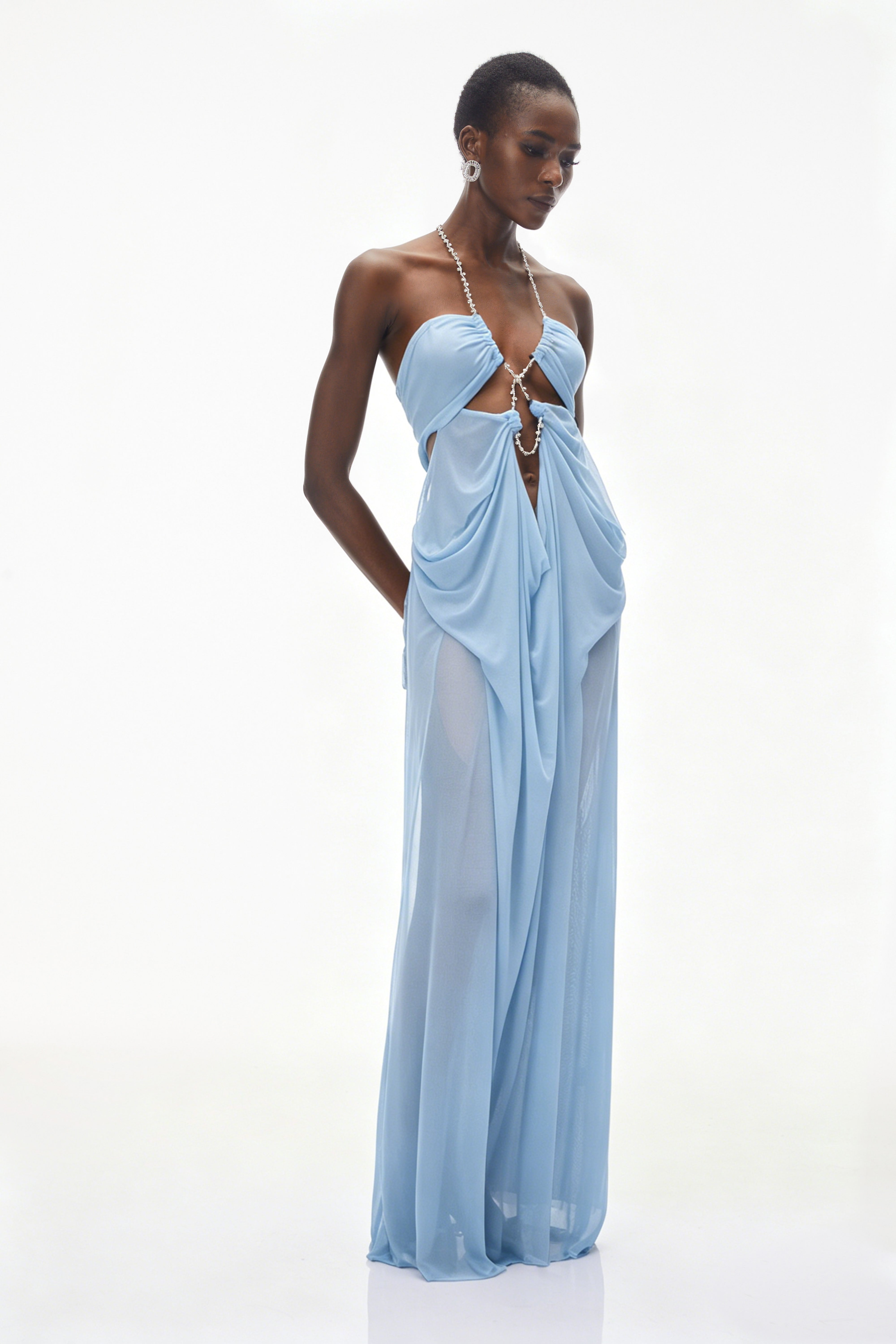 Light blue sheer halter gown with crystal-link cutouts