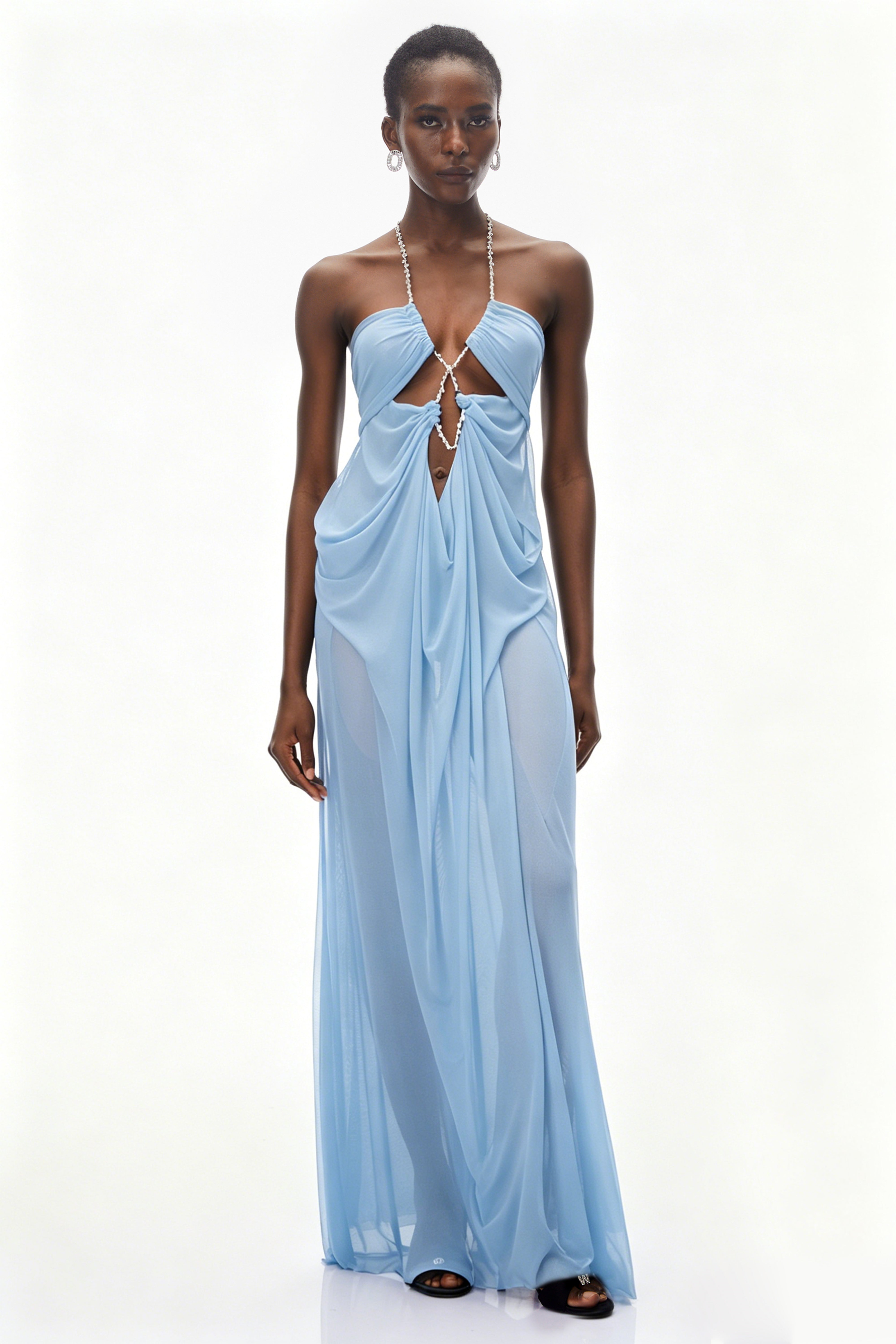 Light blue sheer halter gown with crystal-link cutouts