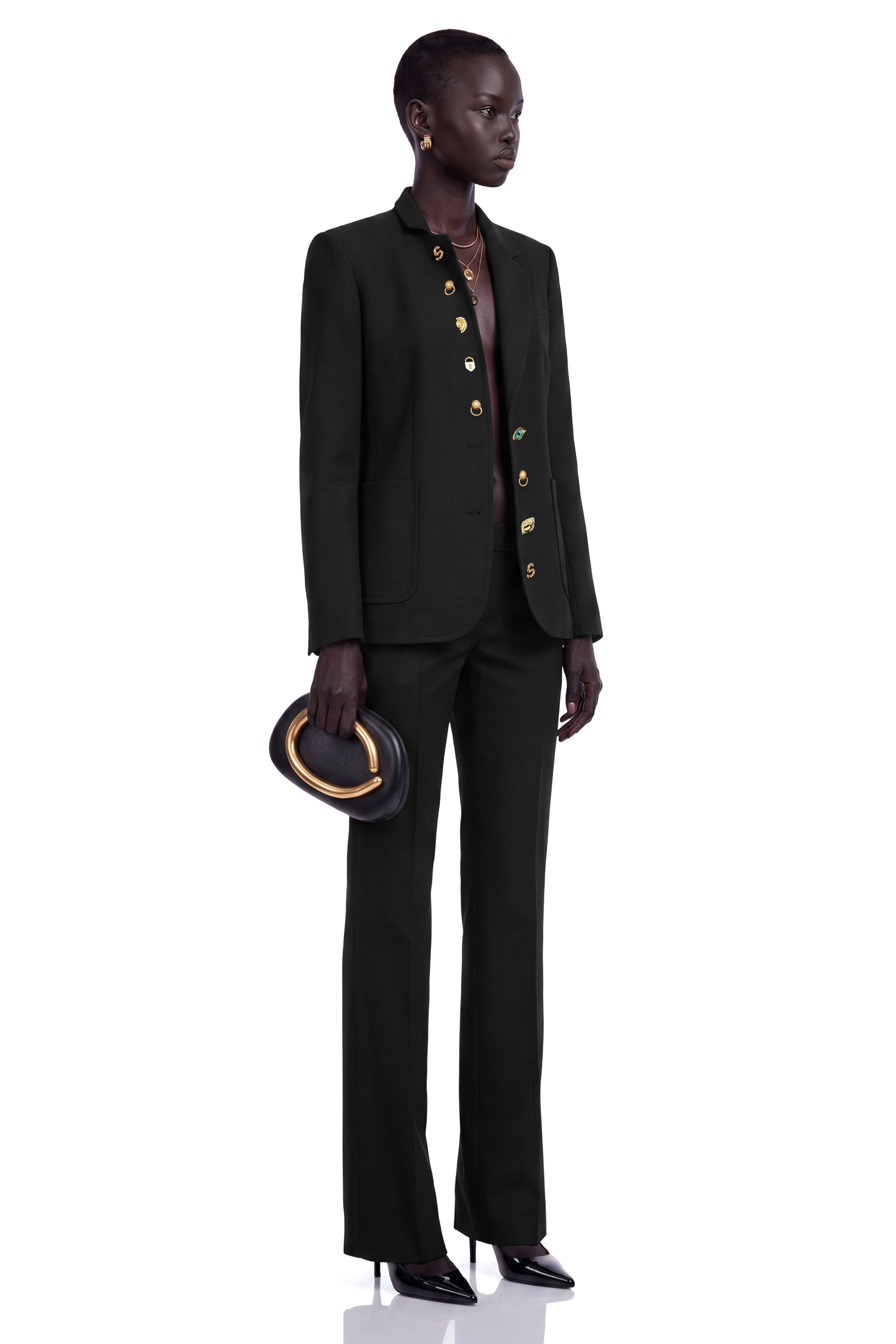 Rosalie Black Asymmetrical Decorative Button Blazer
