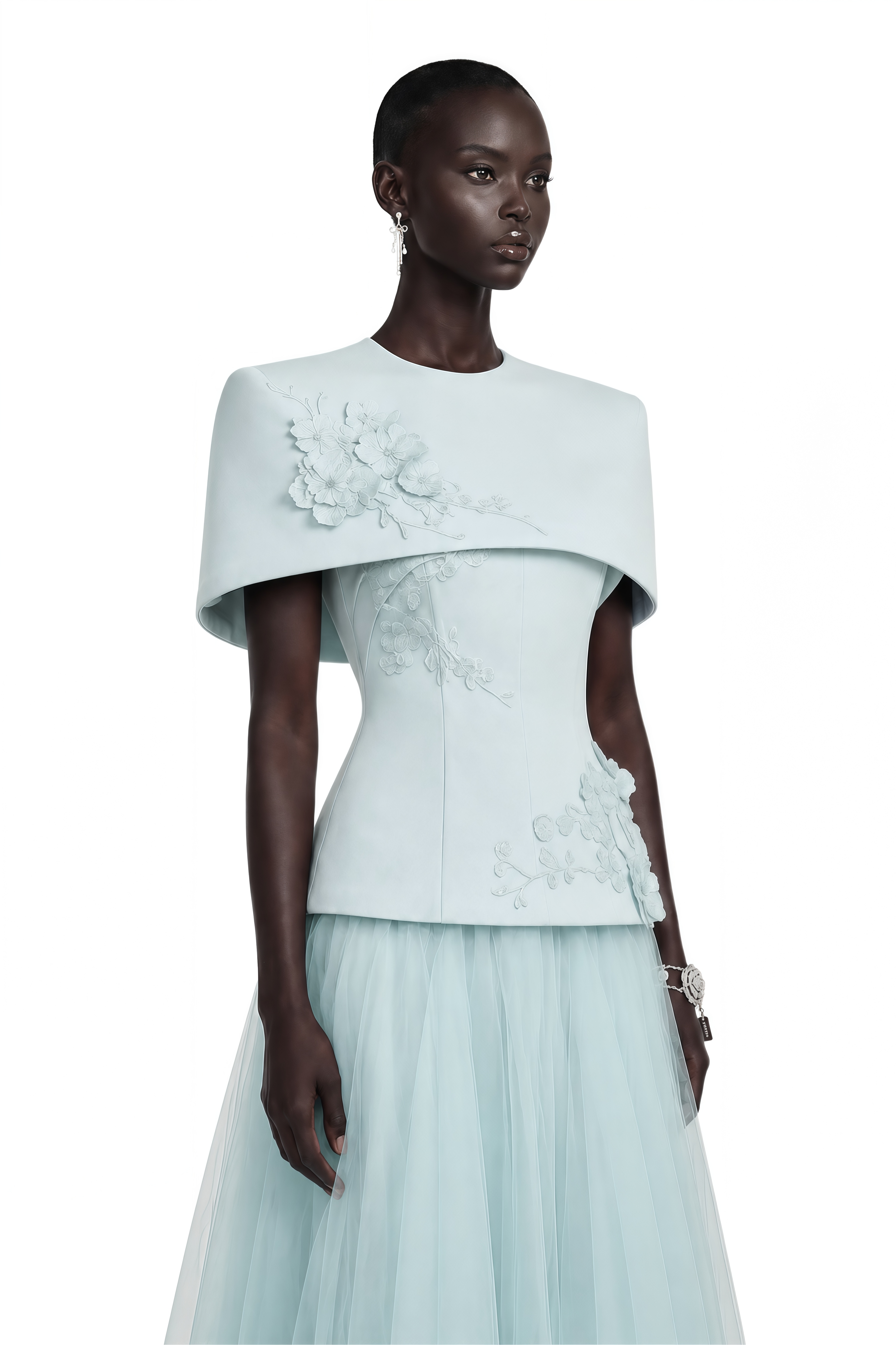 Rosalind Blue Mesh Midi Dress with Cape
