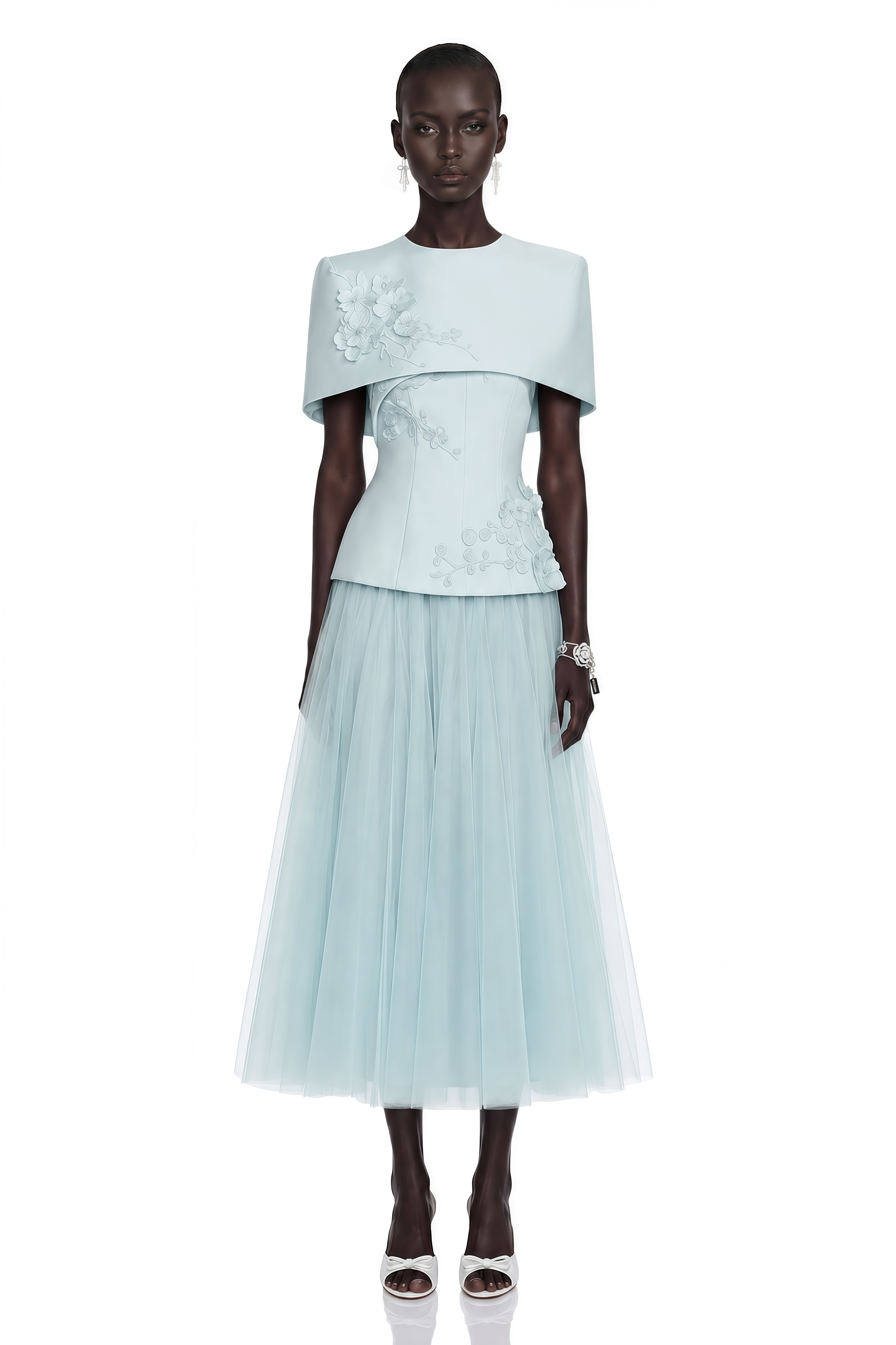 Rosalind Blue Mesh Midi Dress with Cape