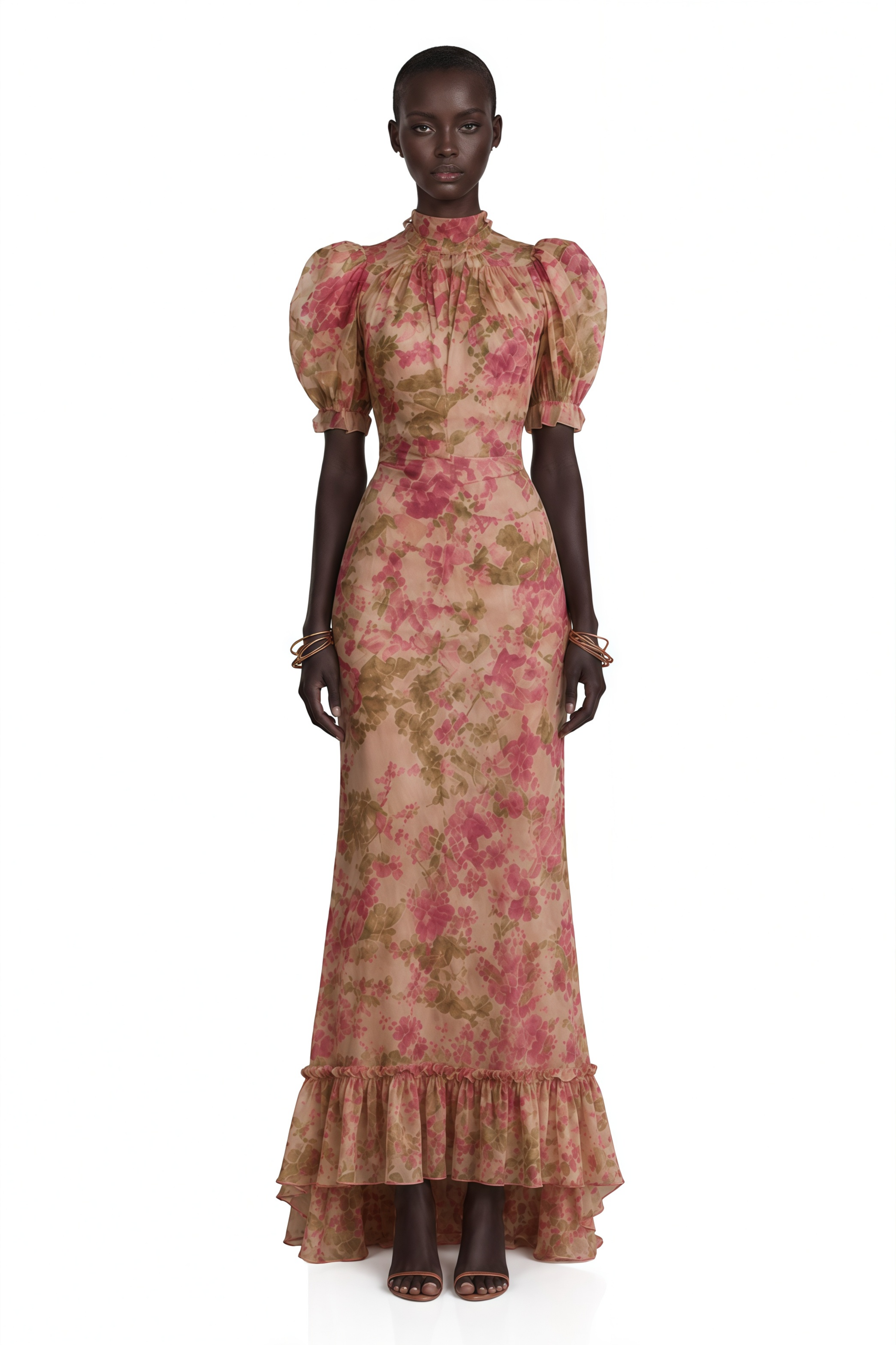 Robe longue à fleurs Rosalind rose, col montant et manches bouffantes