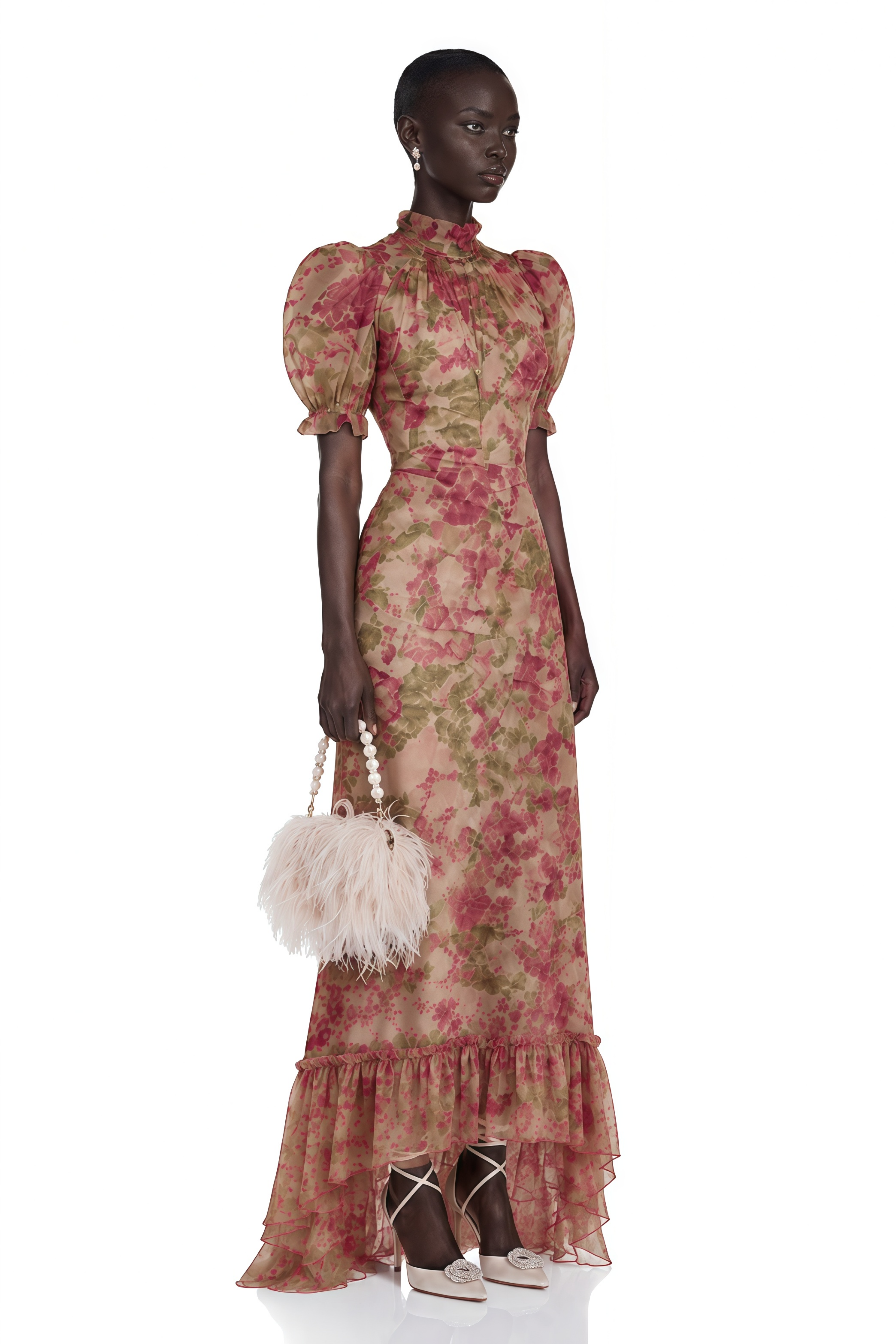 Robe longue à fleurs Rosalind rose, col montant et manches bouffantes