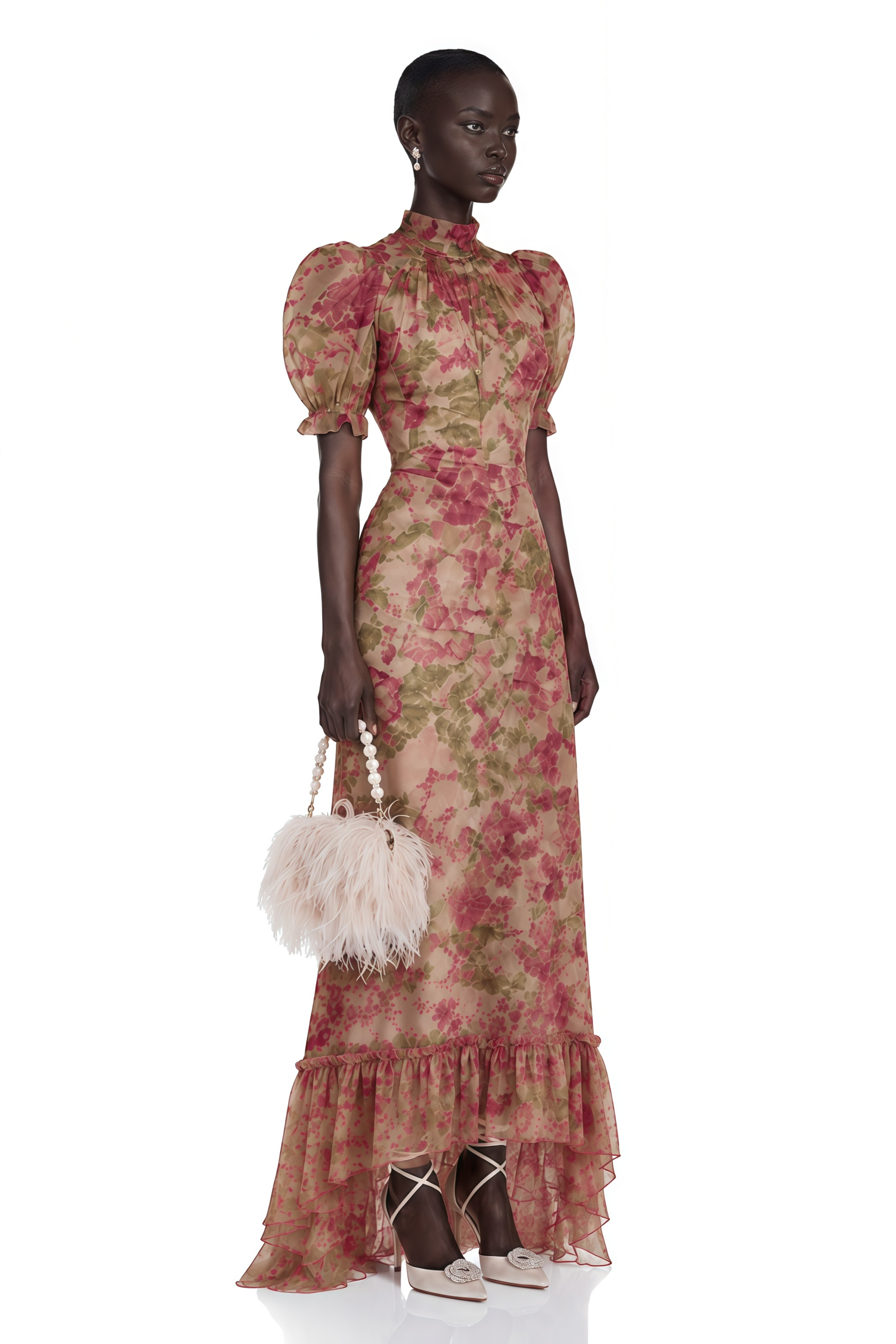 Pink and green floral high-neck dress with a ruffled mermaid hem