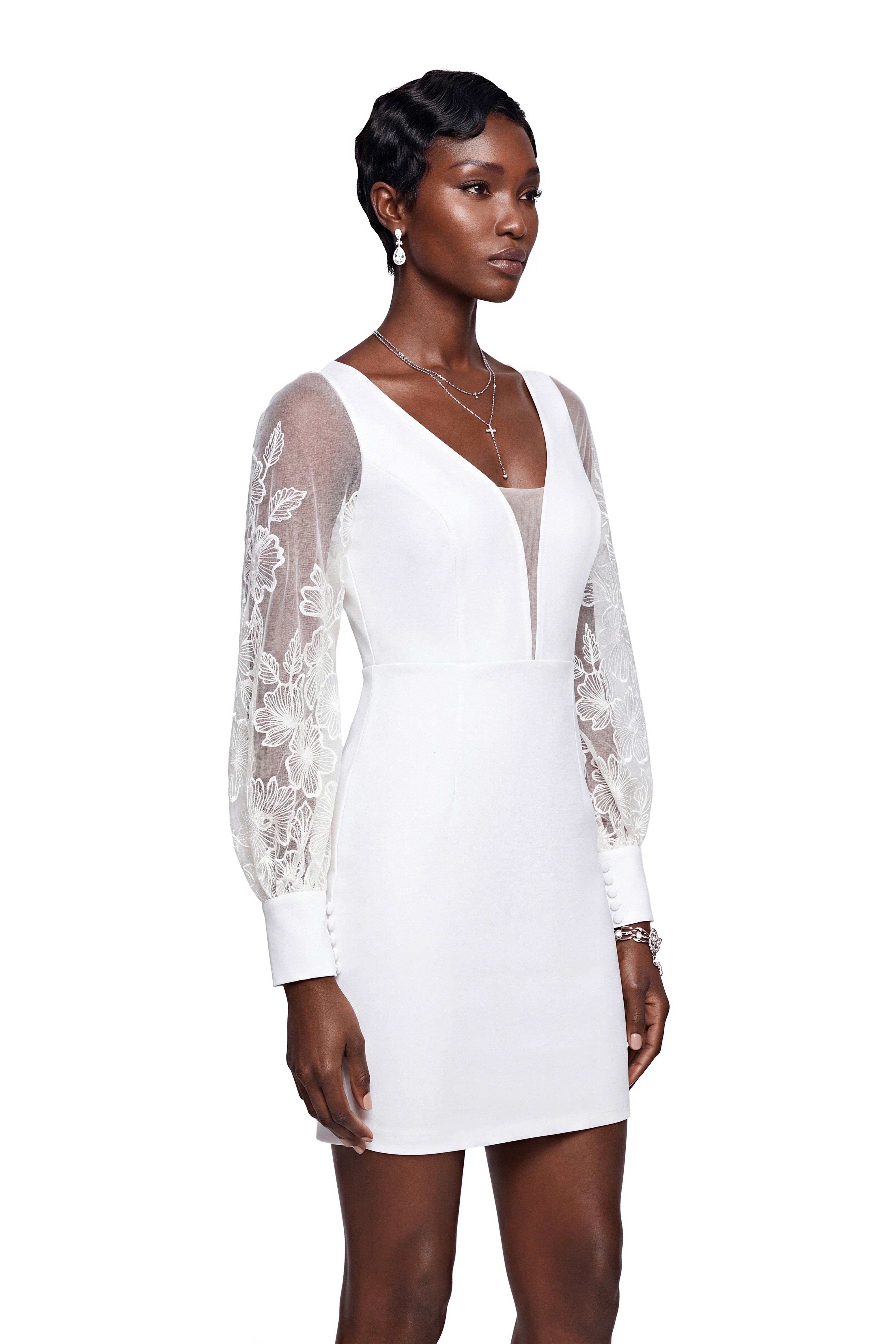 Rosalind White V-Neck Puff Sleeve Mini Dress