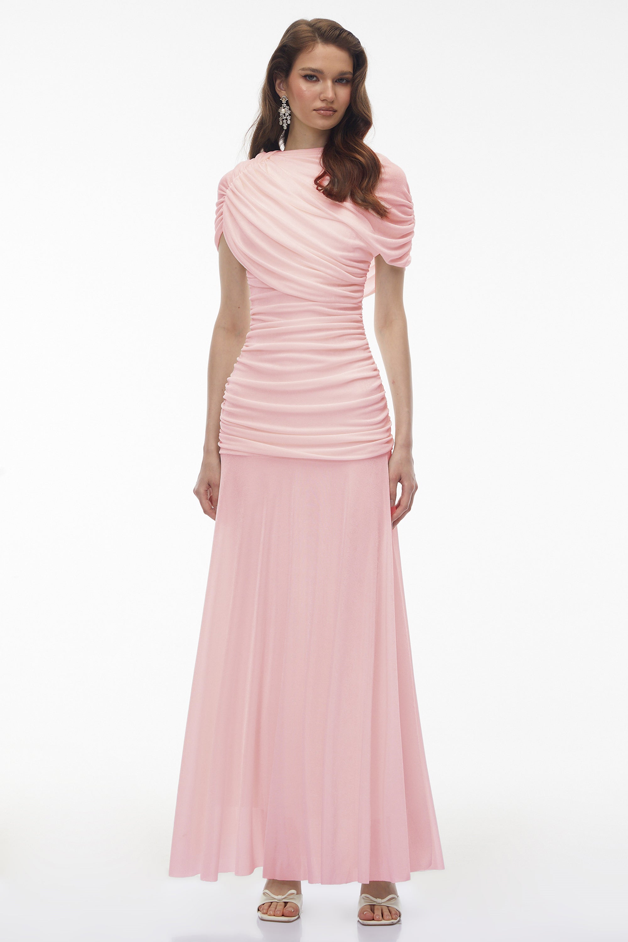 Rosalyn Pink Crew Neck Ruched Maxi Dress