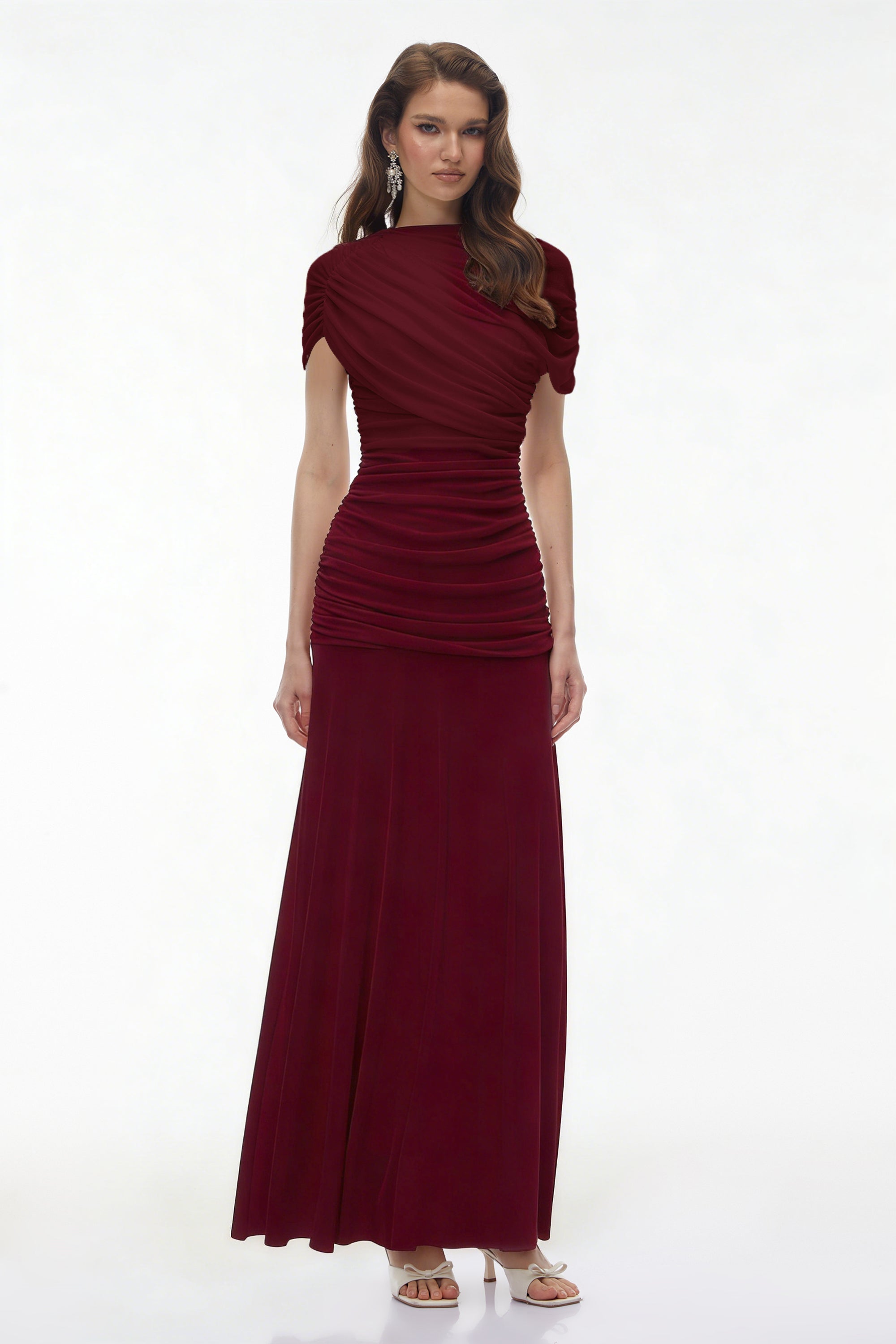 Rosalyn Red Crew Neck Ruched Maxi Dress