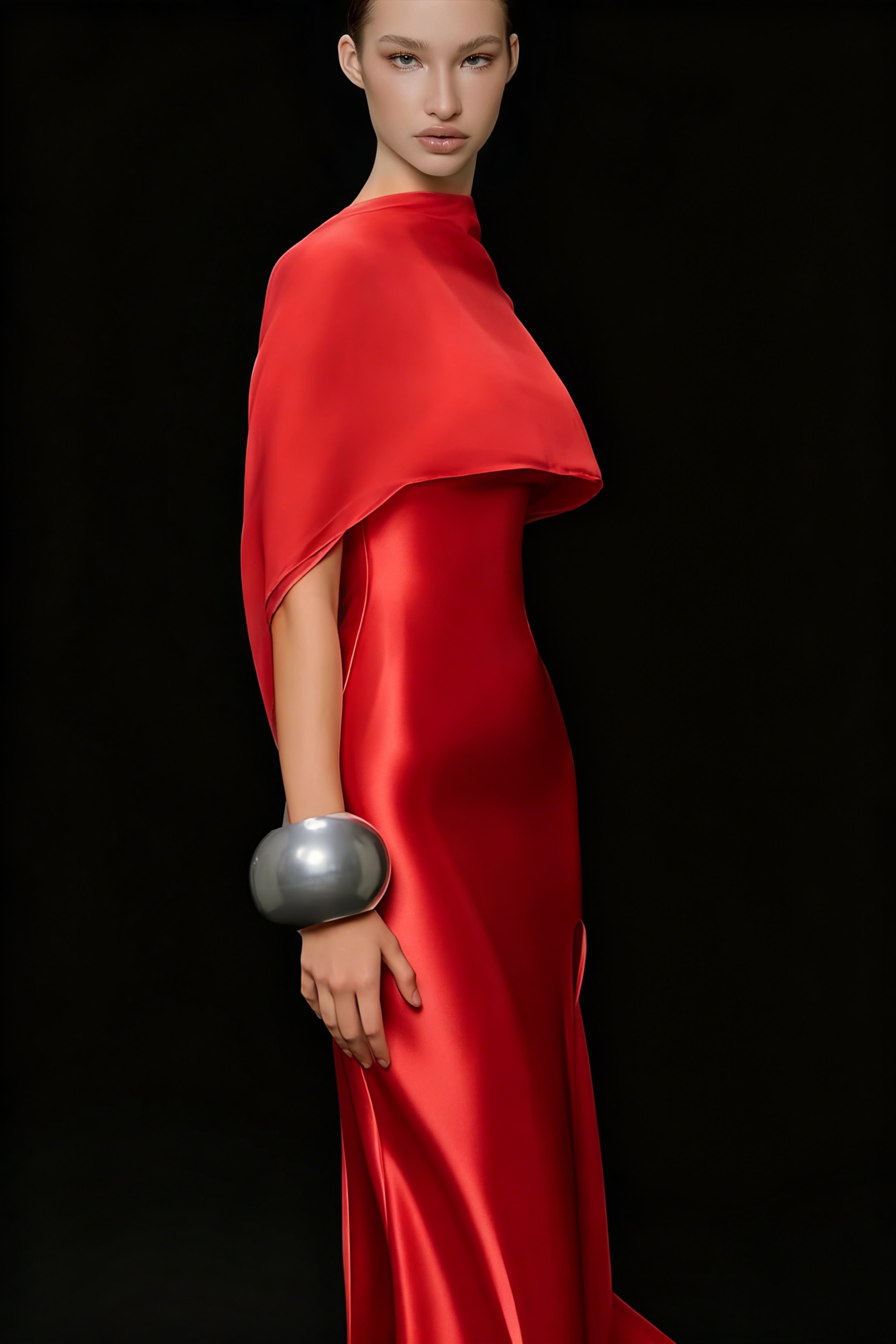 Robe longue à cape à volants Rosana rouge avec fente haute