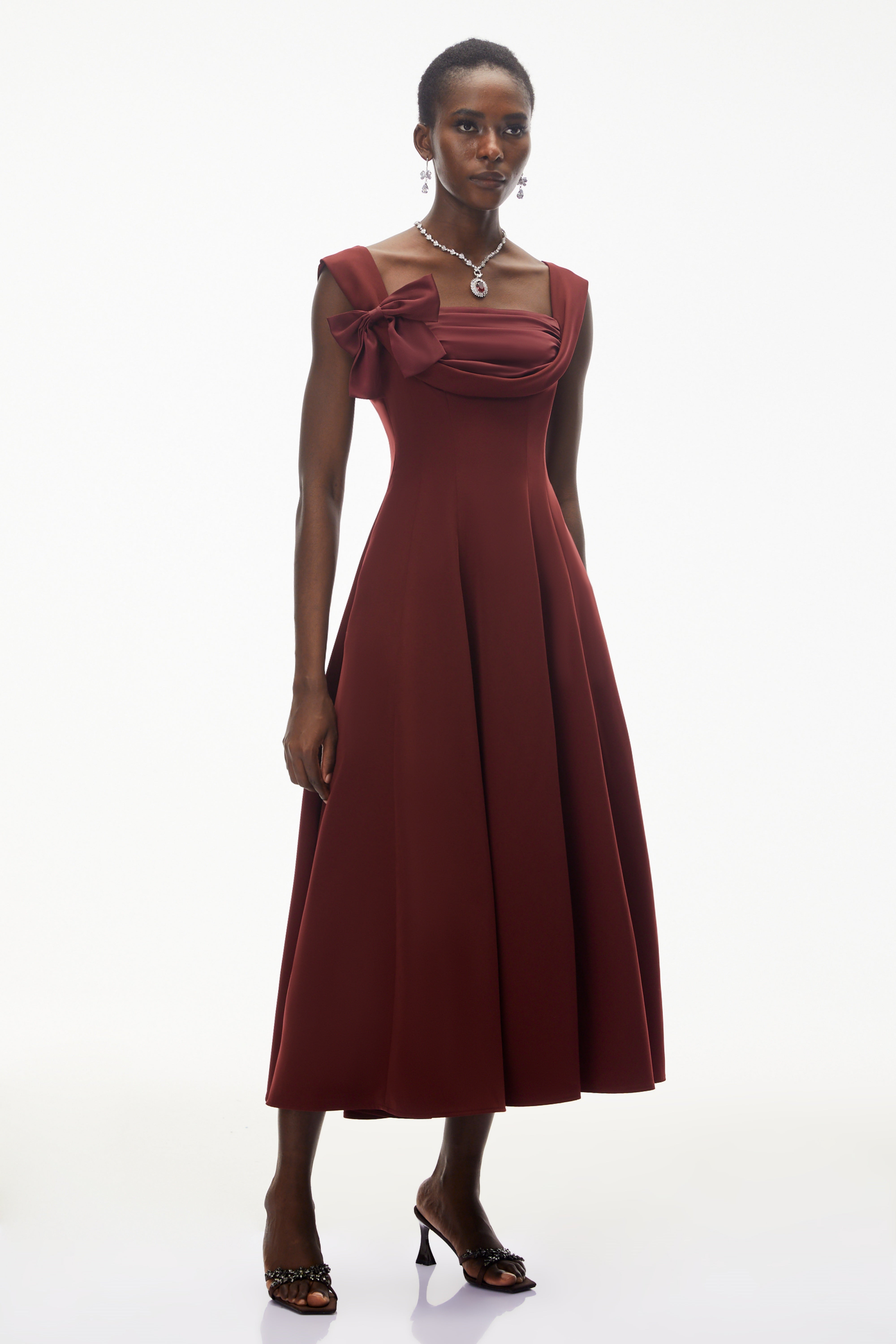 Roshanak Burgundy Ruched Midi Dress with Bow