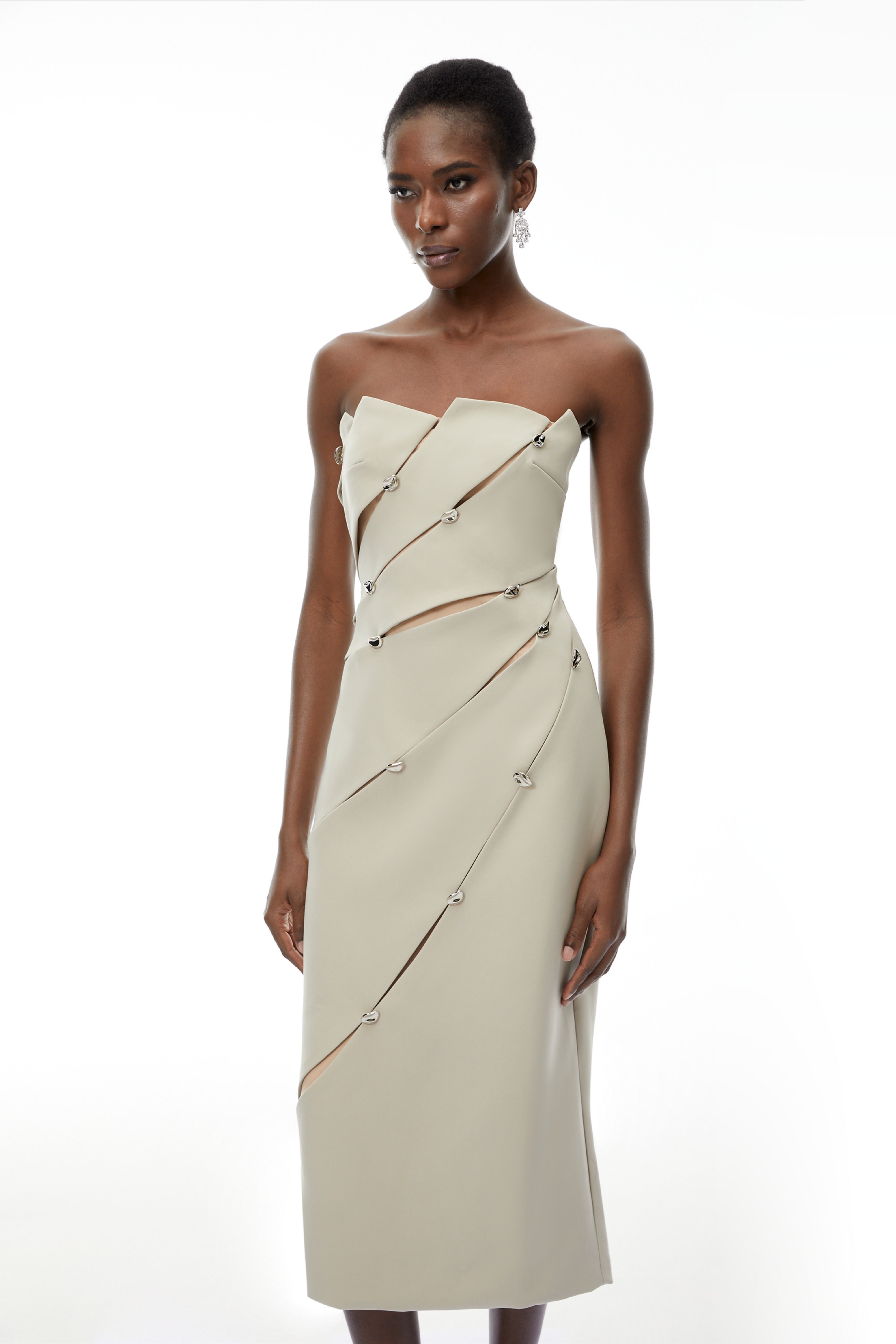 Rowena Khaki Asymmetrical Off Shoulder Midi Dress