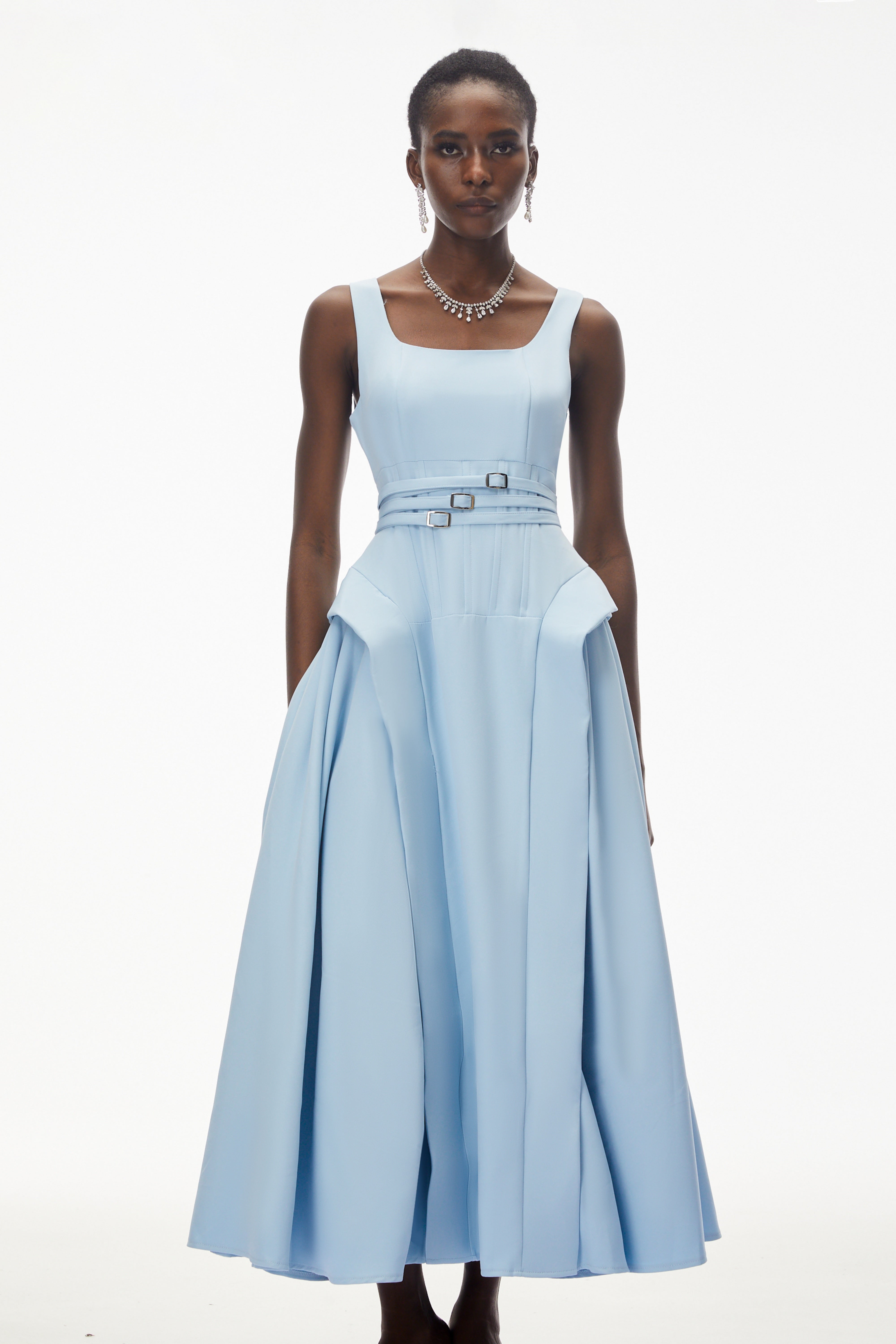 Robe longue à volants et fronces Ruby Sky Blue