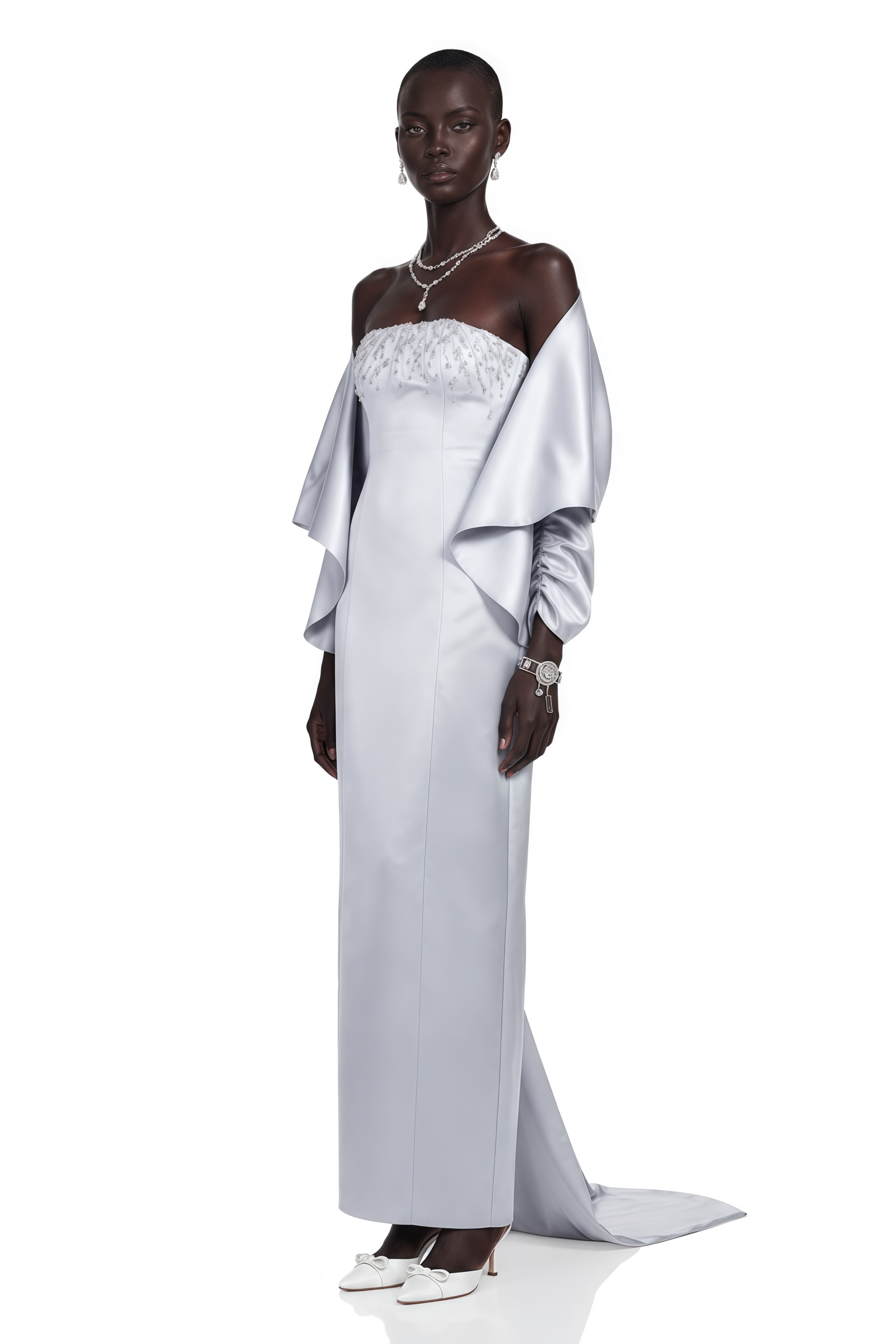 Runa Silver Cape Sleeve Rhinestone Maxi Dress & Jacket Set