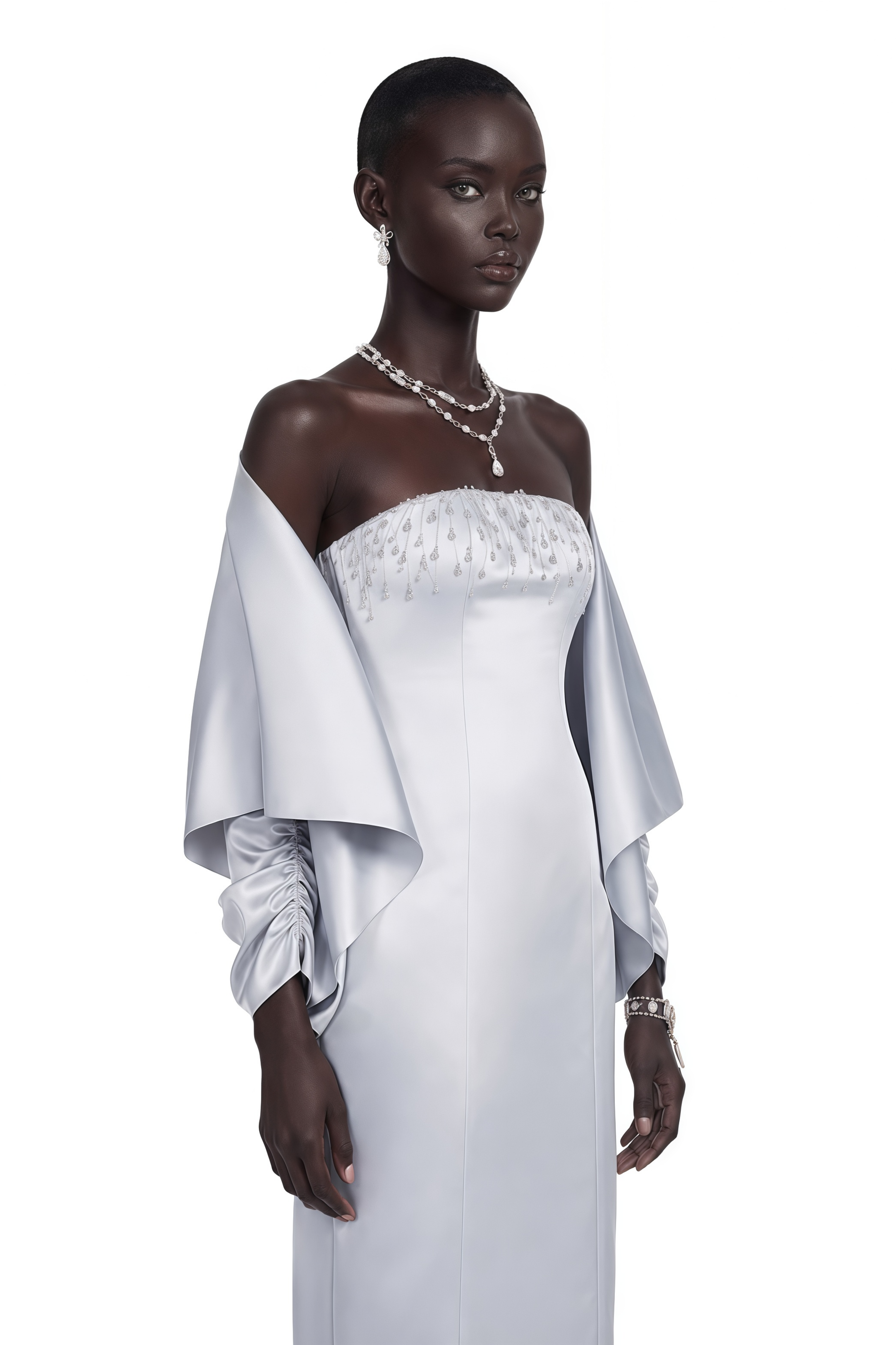 Runa Silver Cape Sleeve Rhinestone Maxi Dress & Jacket Set