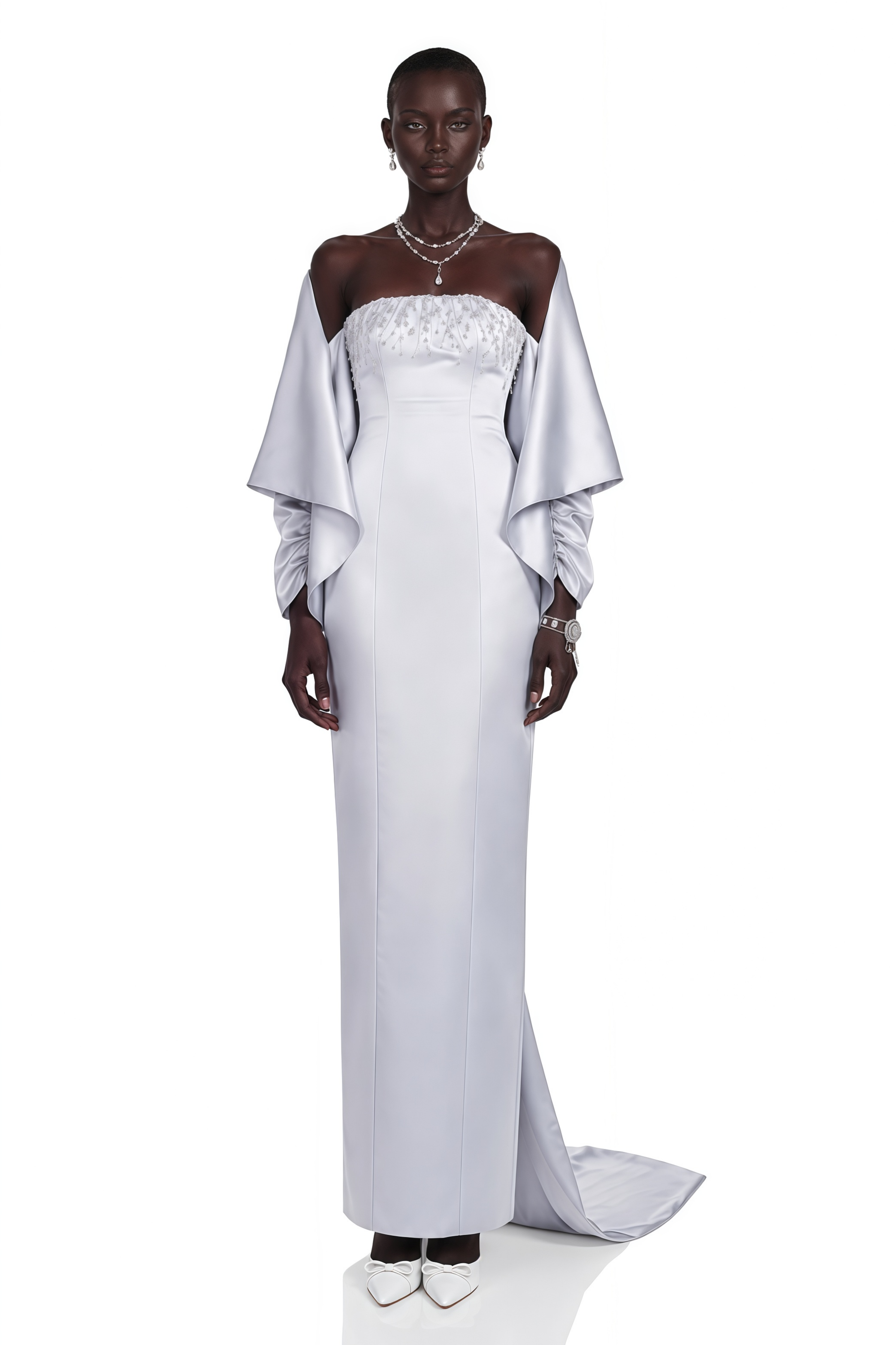 Runa Silver Cape Sleeve Rhinestone Maxi Dress & Jacket Set