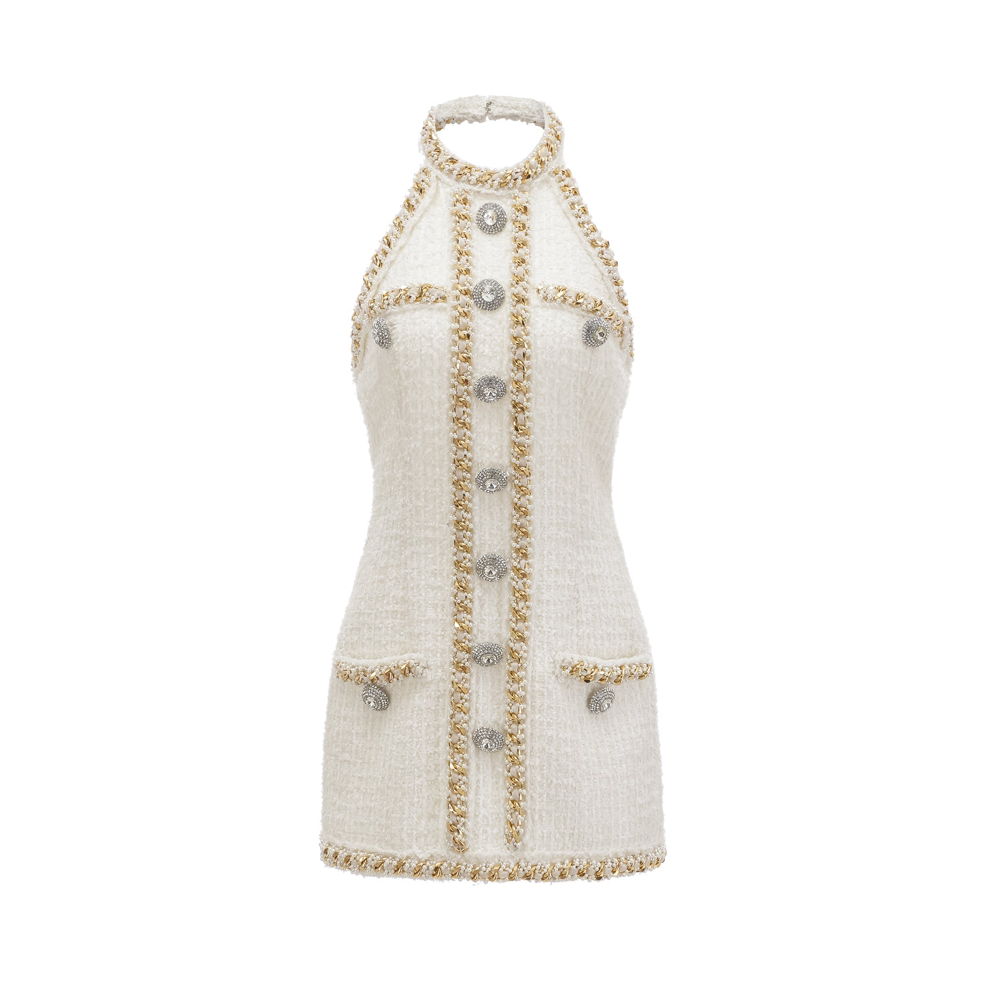 Cesca crystal-button tweed mini dress