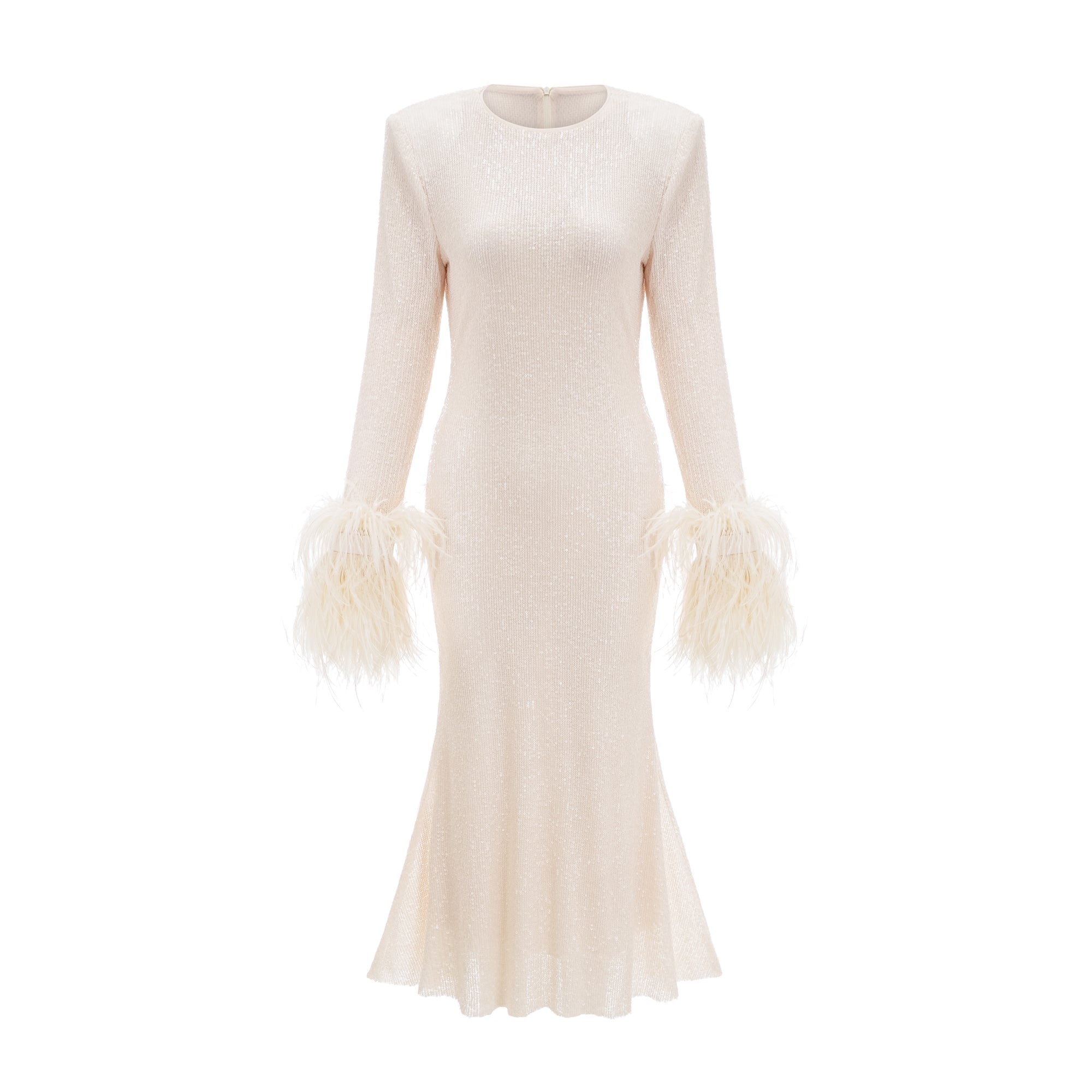 Gabriella cream sequin feather midi dress