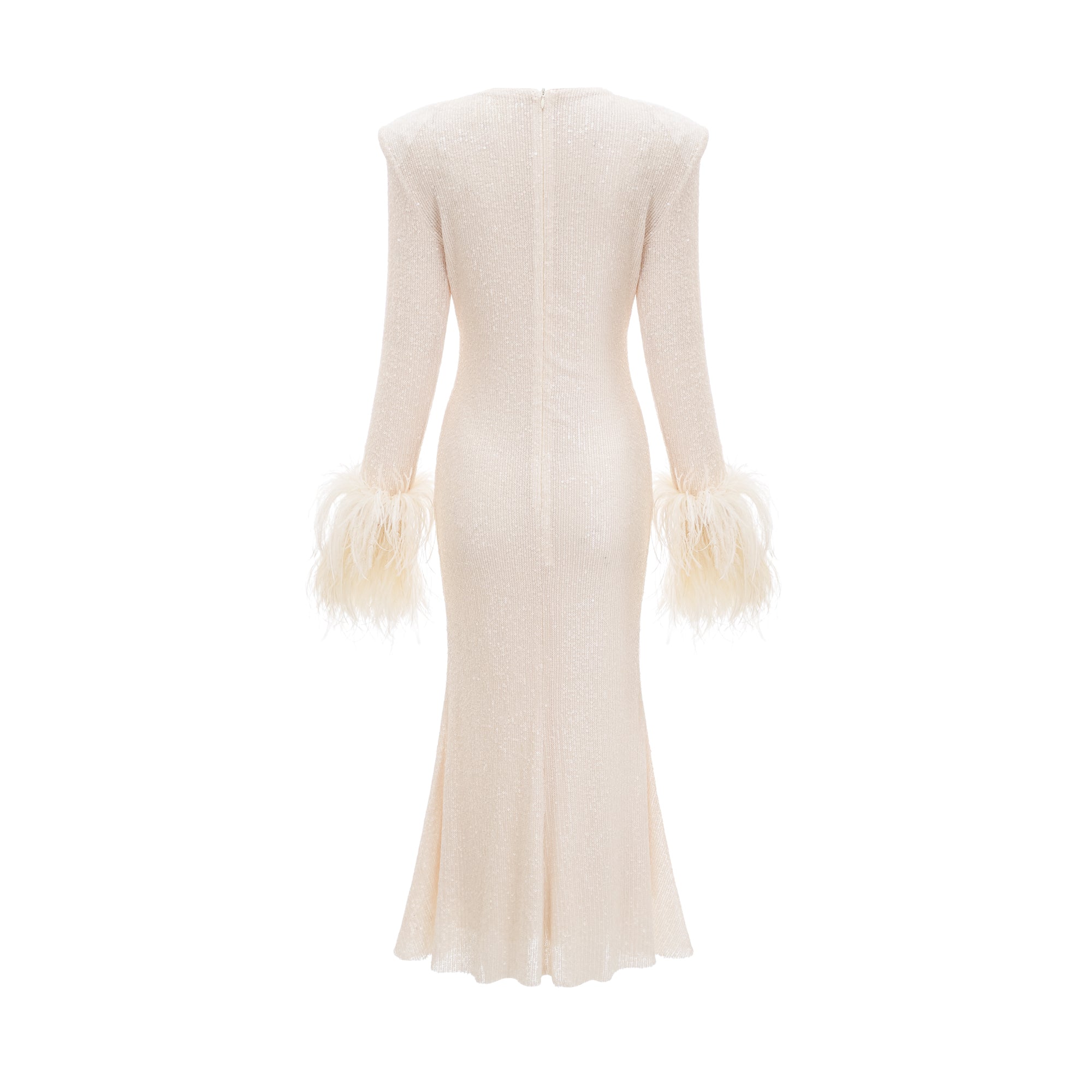 Gabriella cream sequin feather midi dress