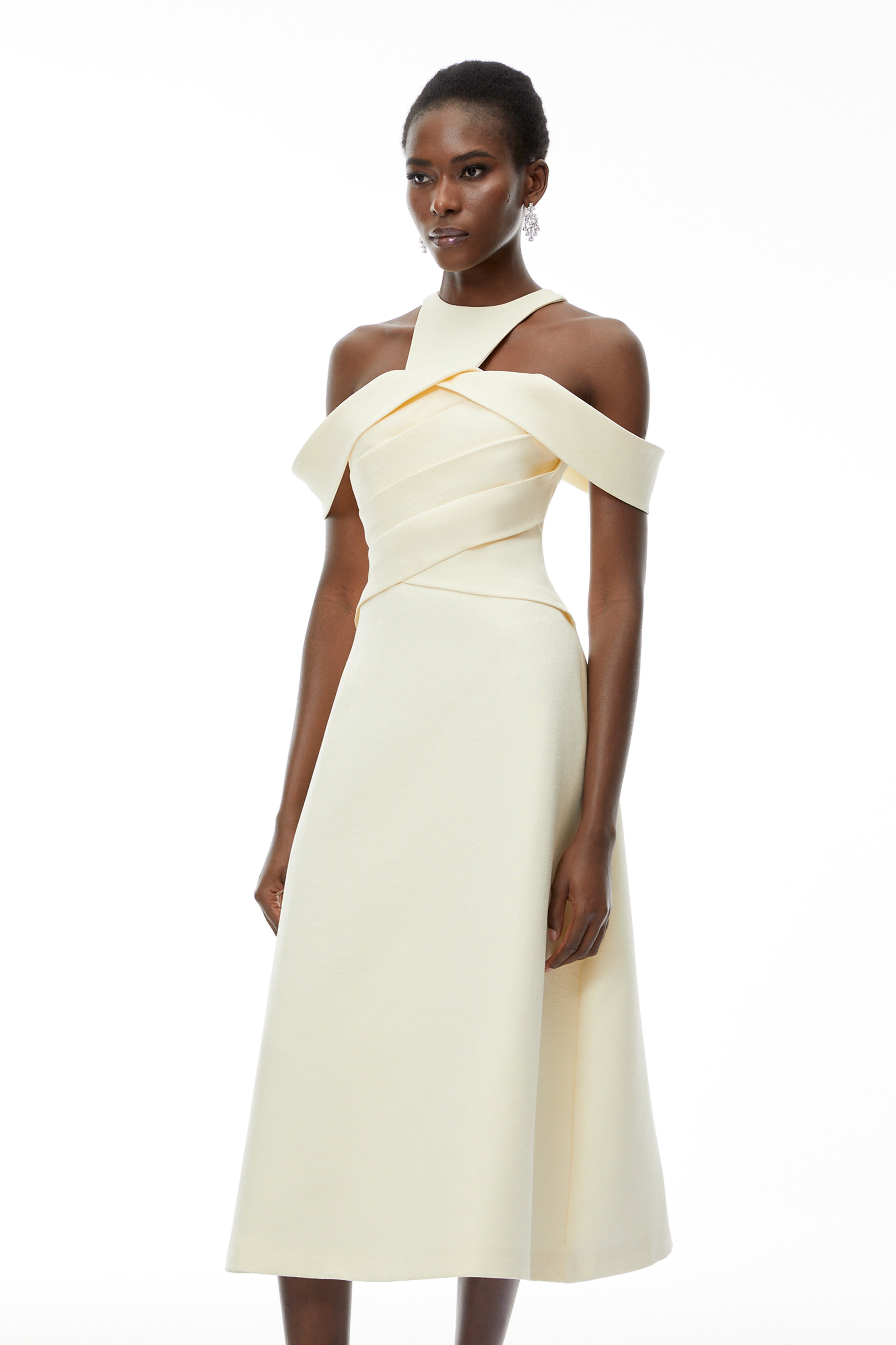 Saara Neutral Cold Shoulder Ruched Midi Dress