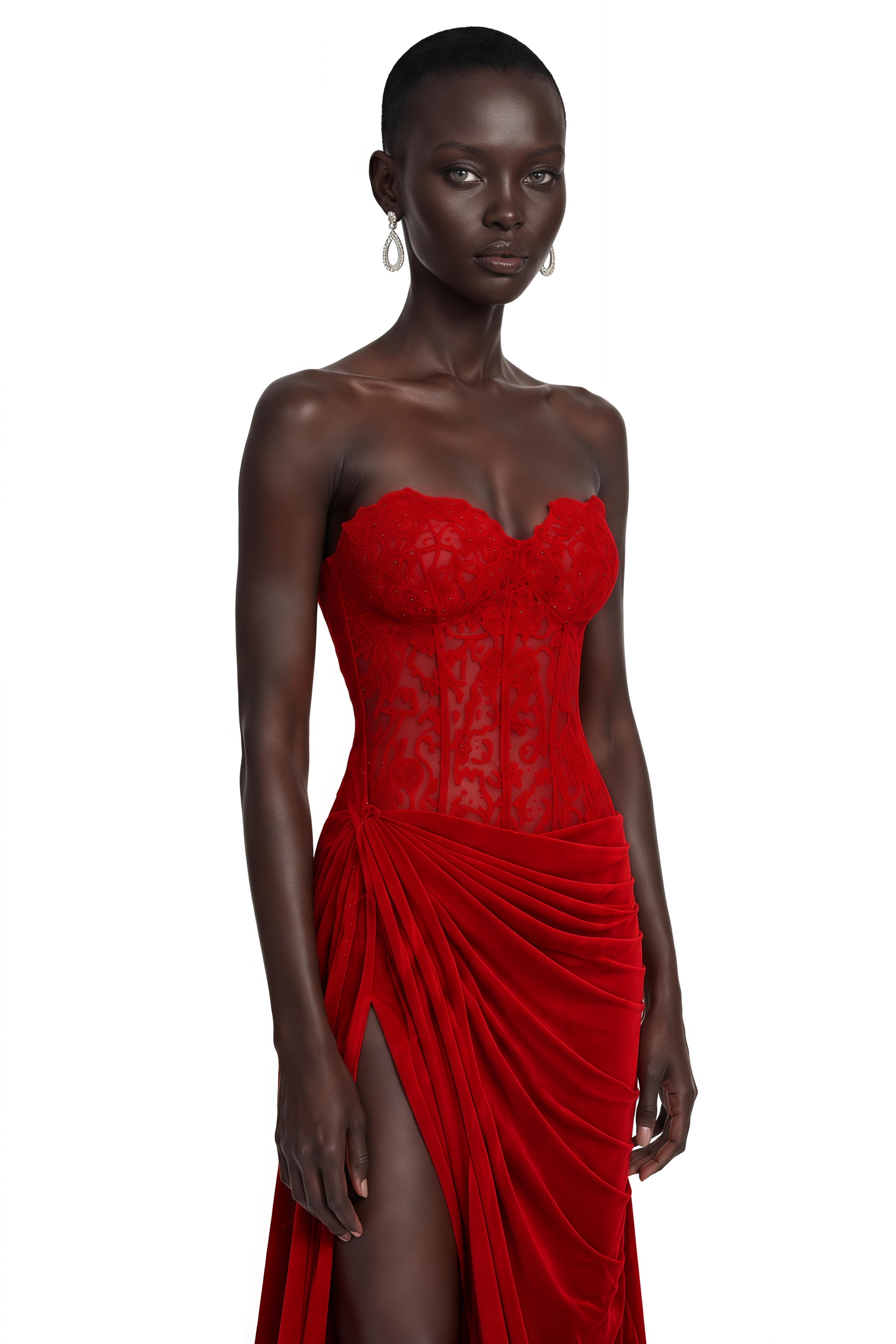 Sabrina Red Off Shoulder Ruched Maxi Dress with Lace Panels