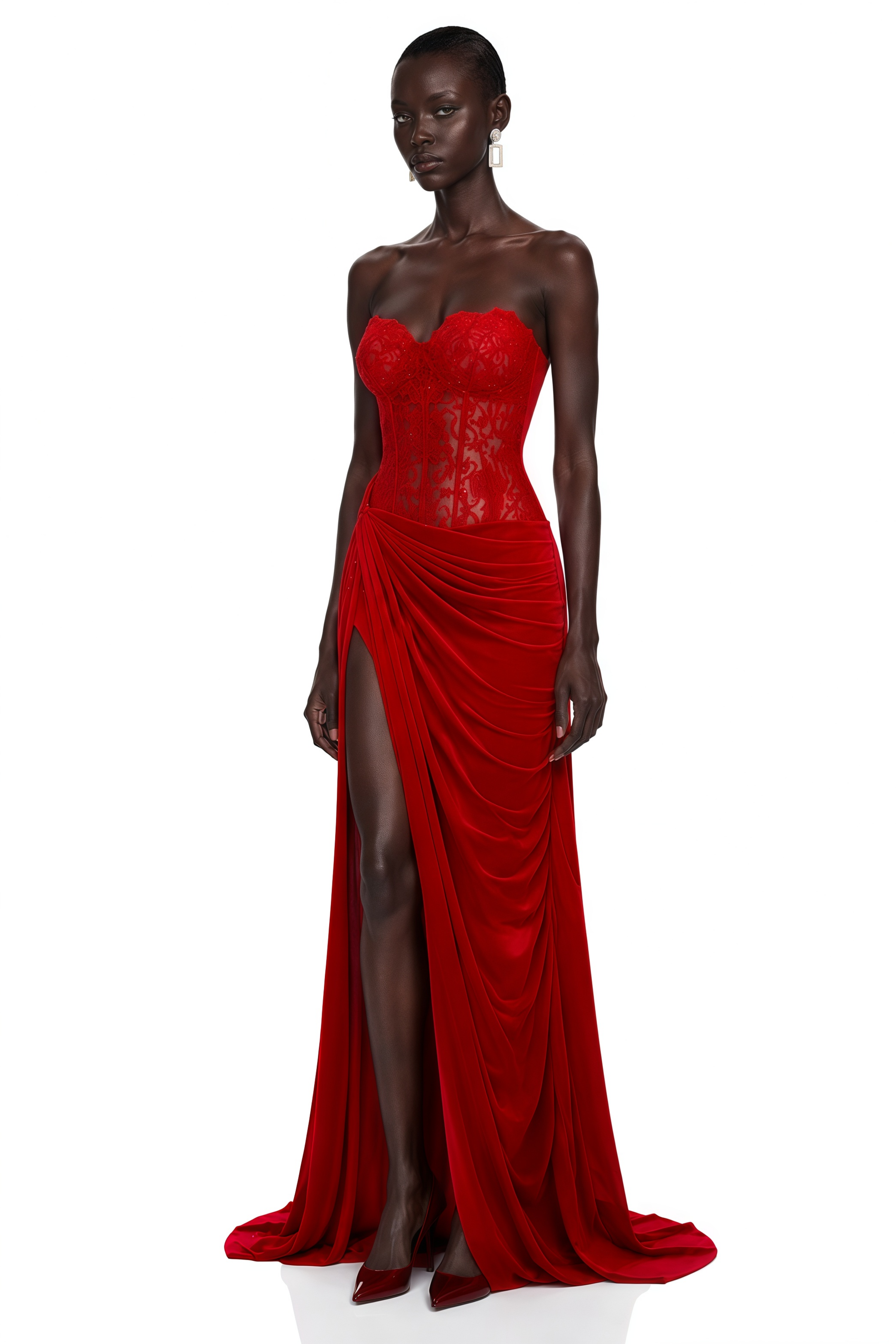 Sabrina Red Off Shoulder Ruched Maxi Dress with Lace Panels