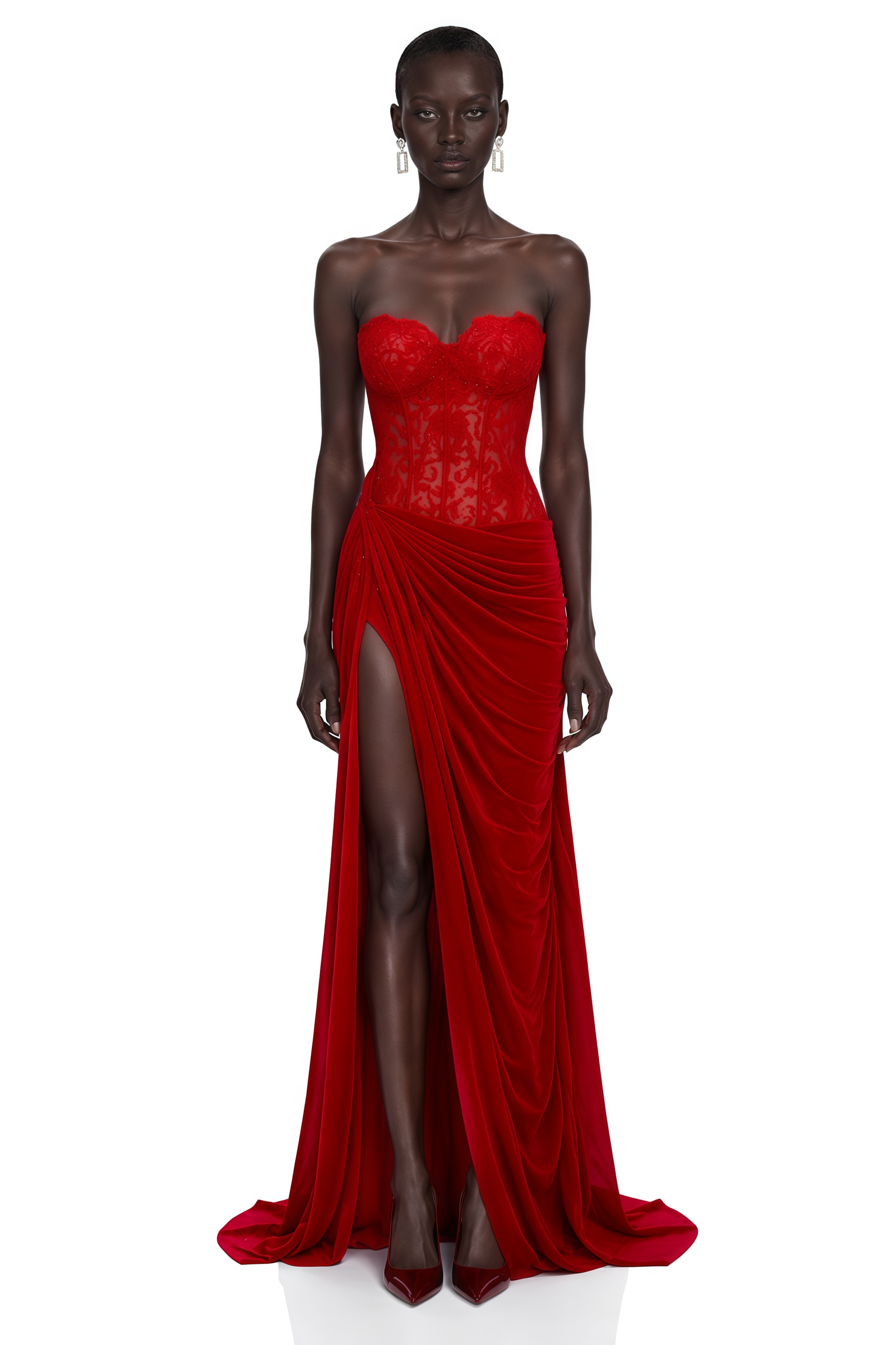 Sabrina Red Off Shoulder Ruched Maxi Dress with Lace Panels