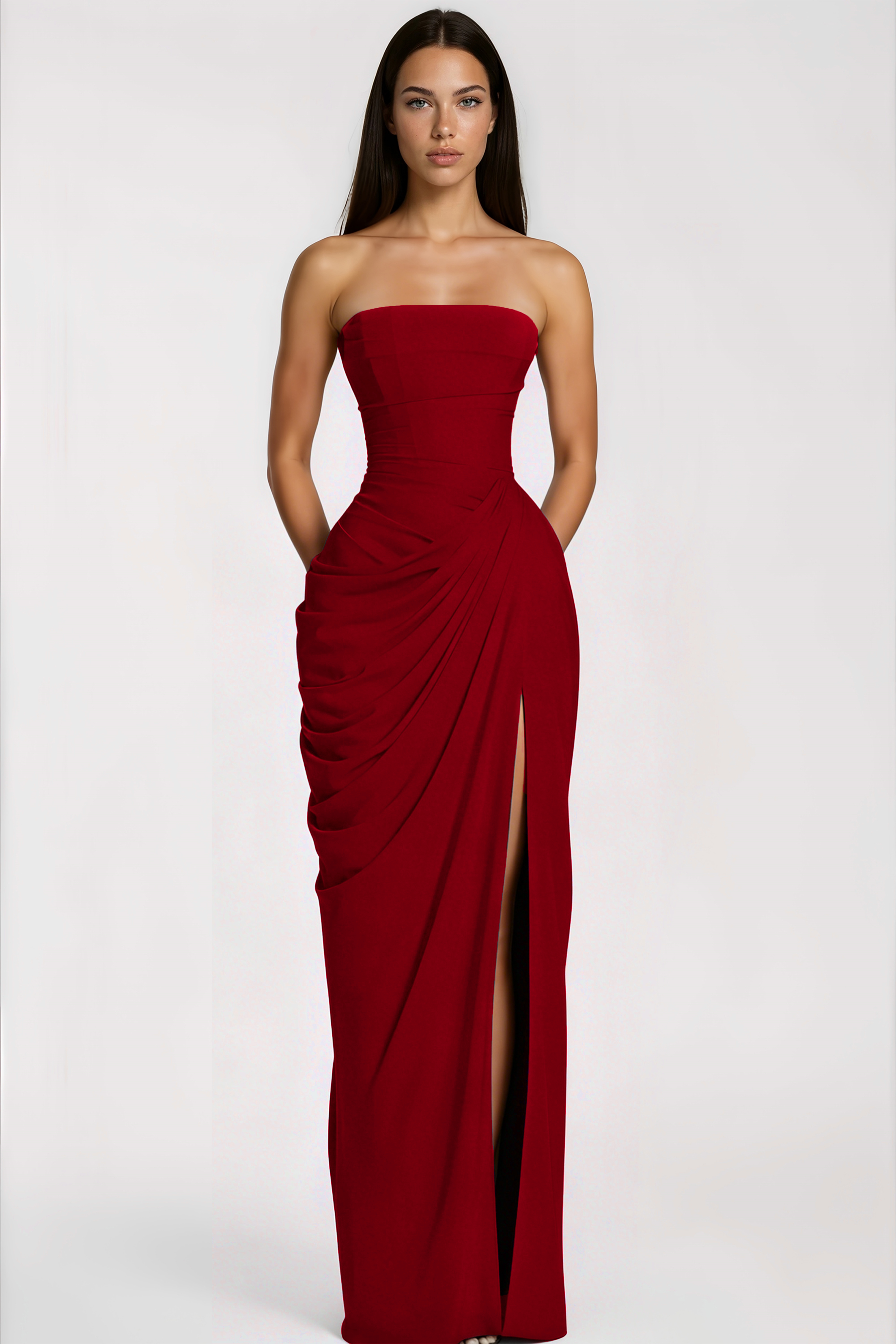 Safiya Burgundy Ruched Maxi Dress with Cross Front