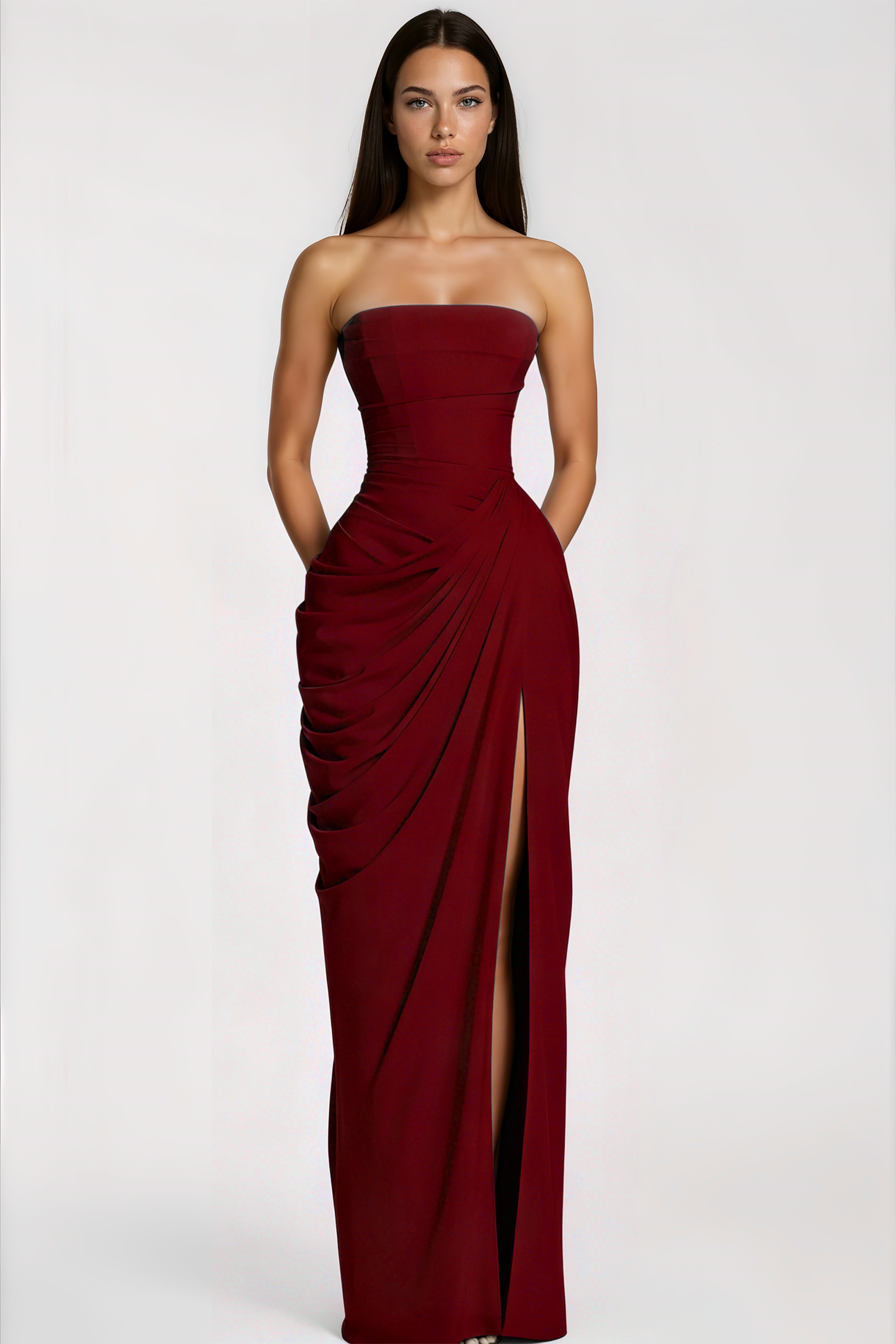 Safiya Burgundy Ruched Maxi Dress with Cross Front