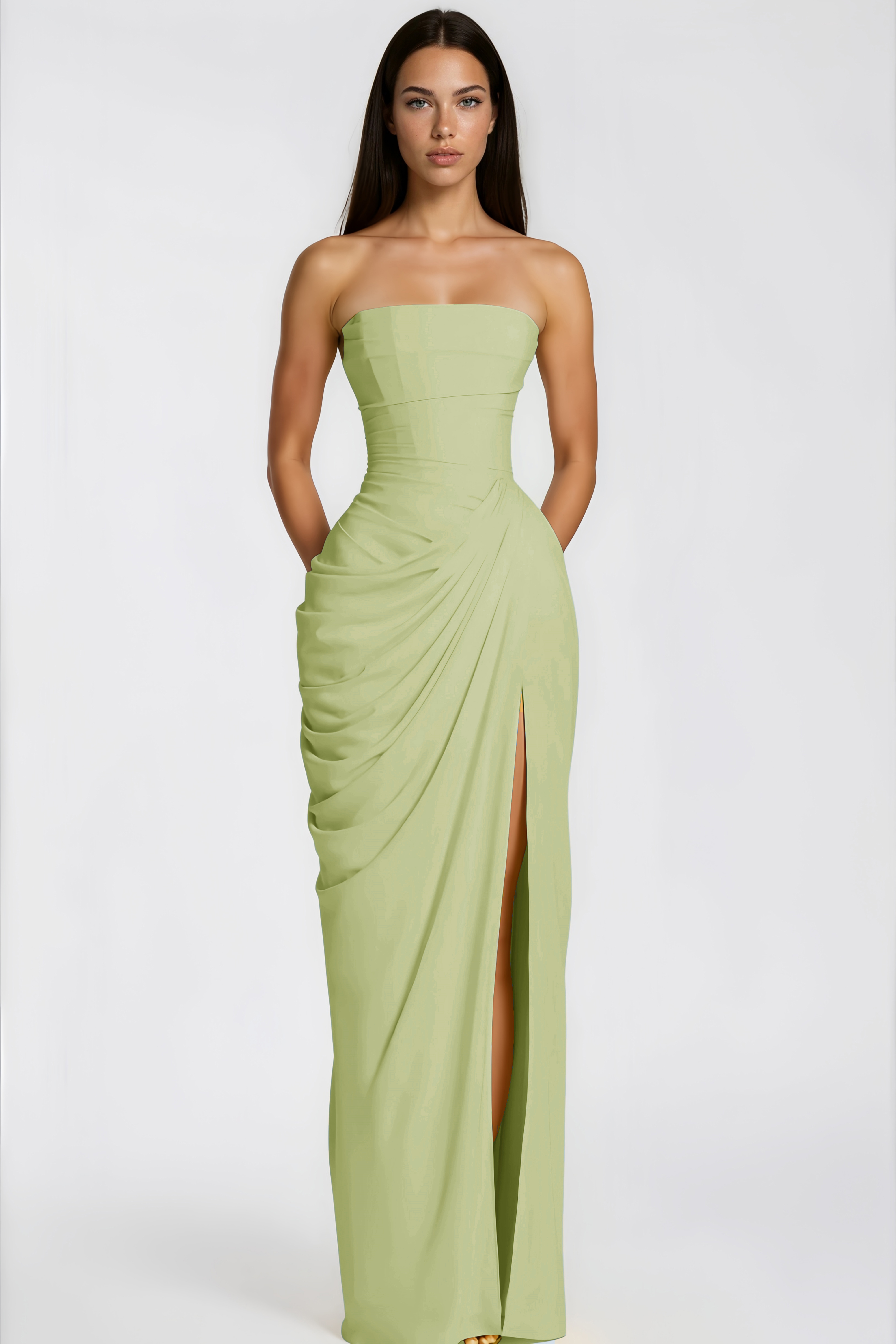 Safiya Green Ruched Maxi Dress with Cross Front