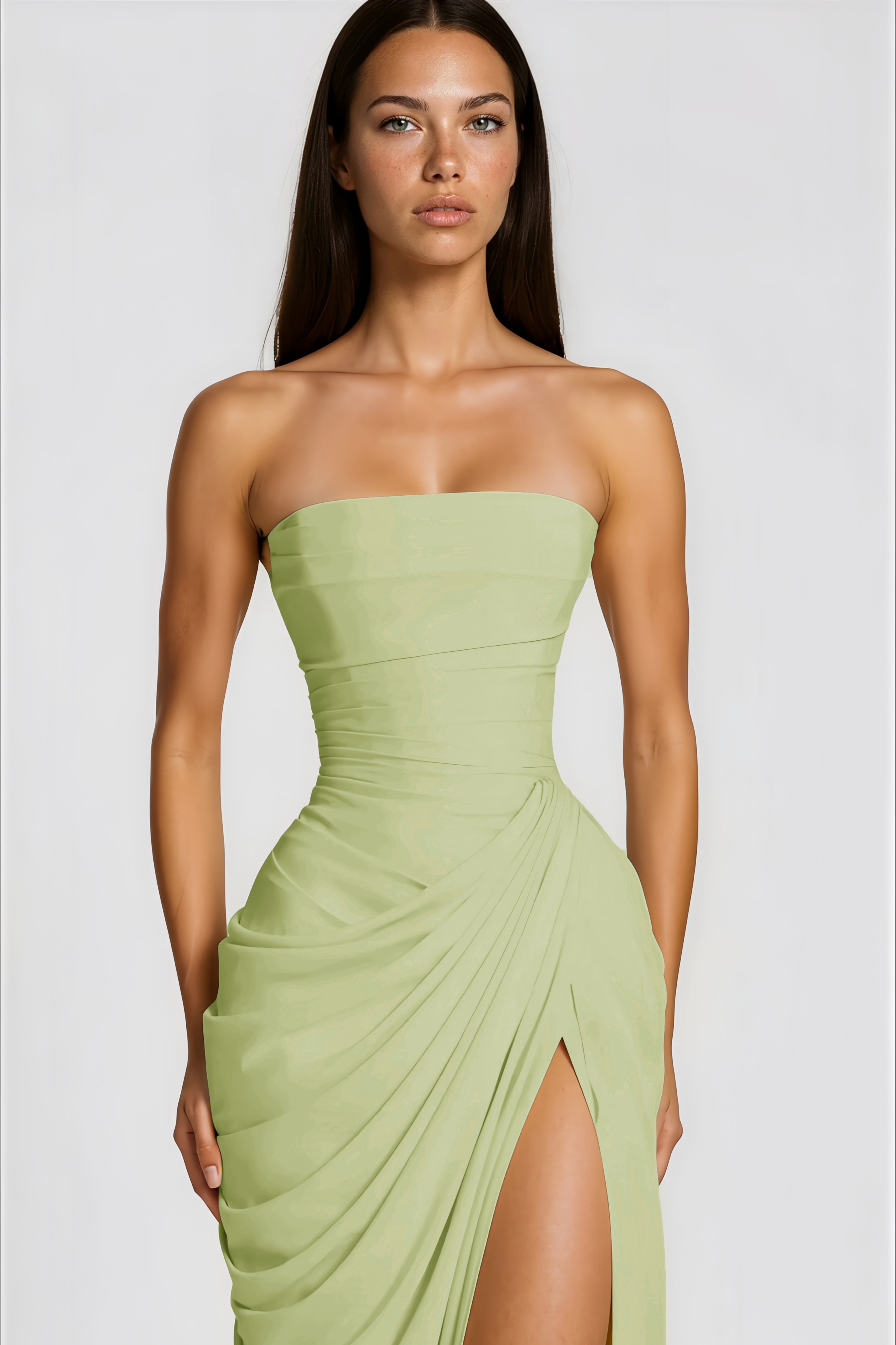Safiya Green Ruched Maxi Dress with Cross Front