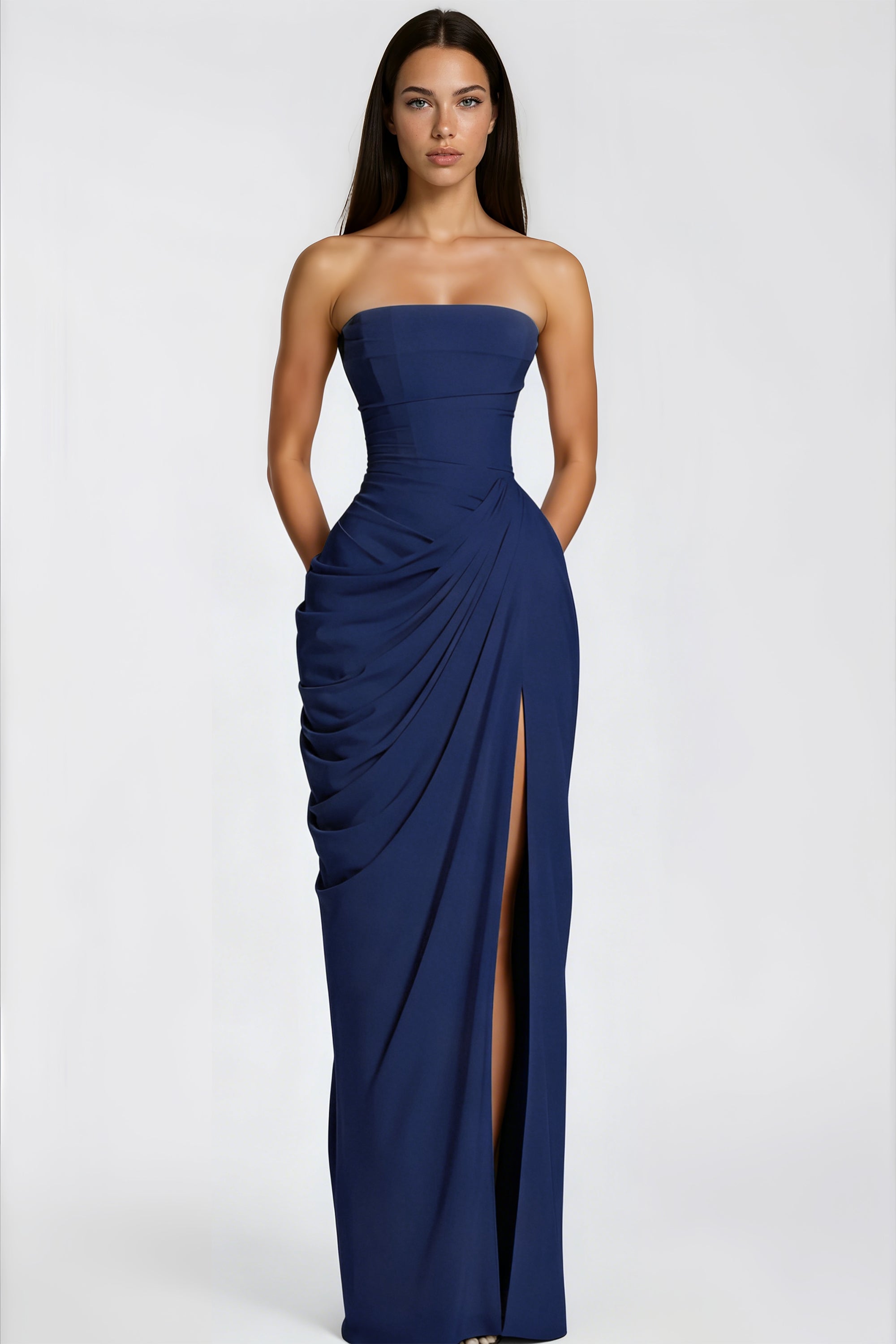 Safiya Navy Blue Ruched Maxi Dress with Cross Front