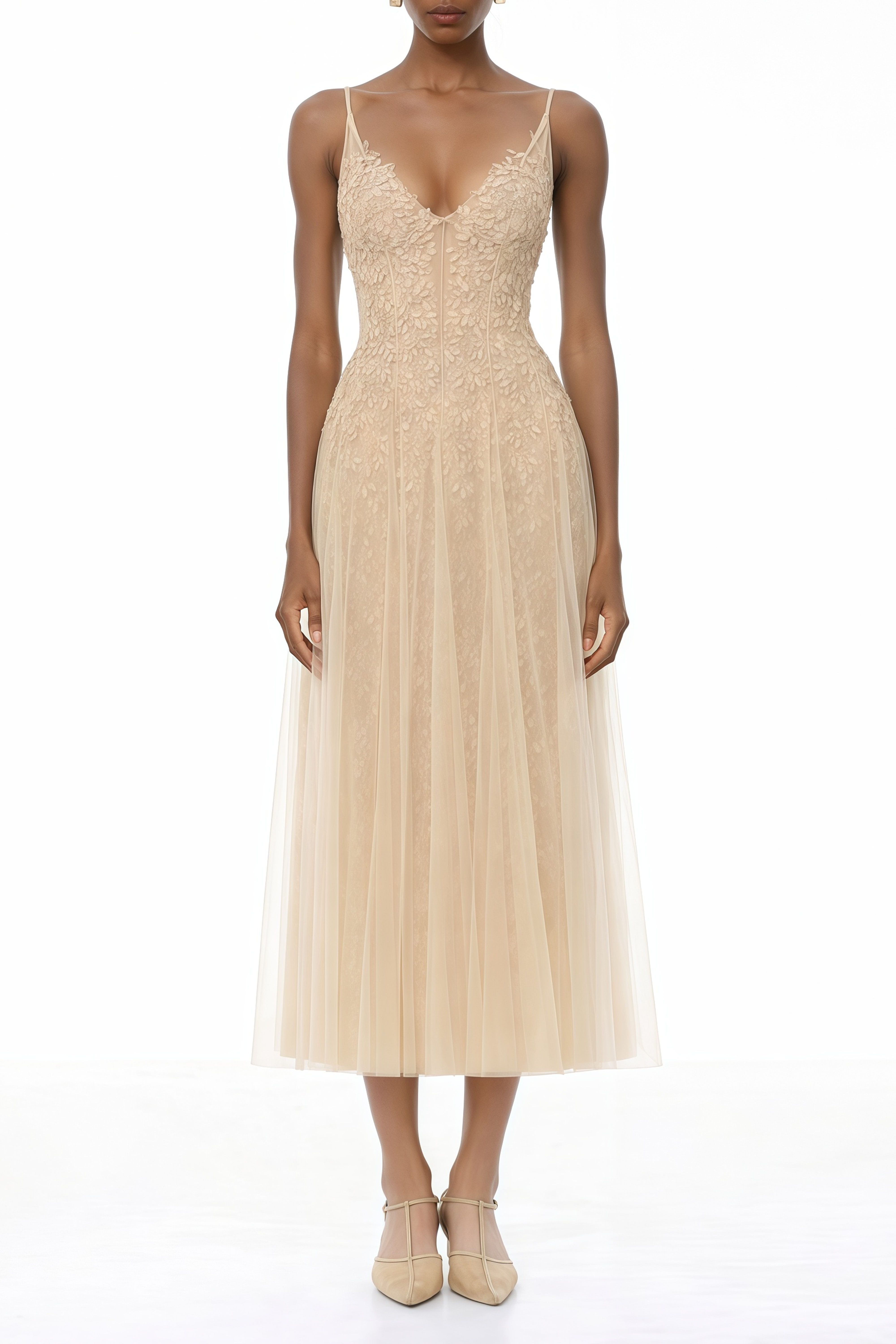 Saga Neutrales Maxikleid mit Plissee und 3D-Blütenblättern